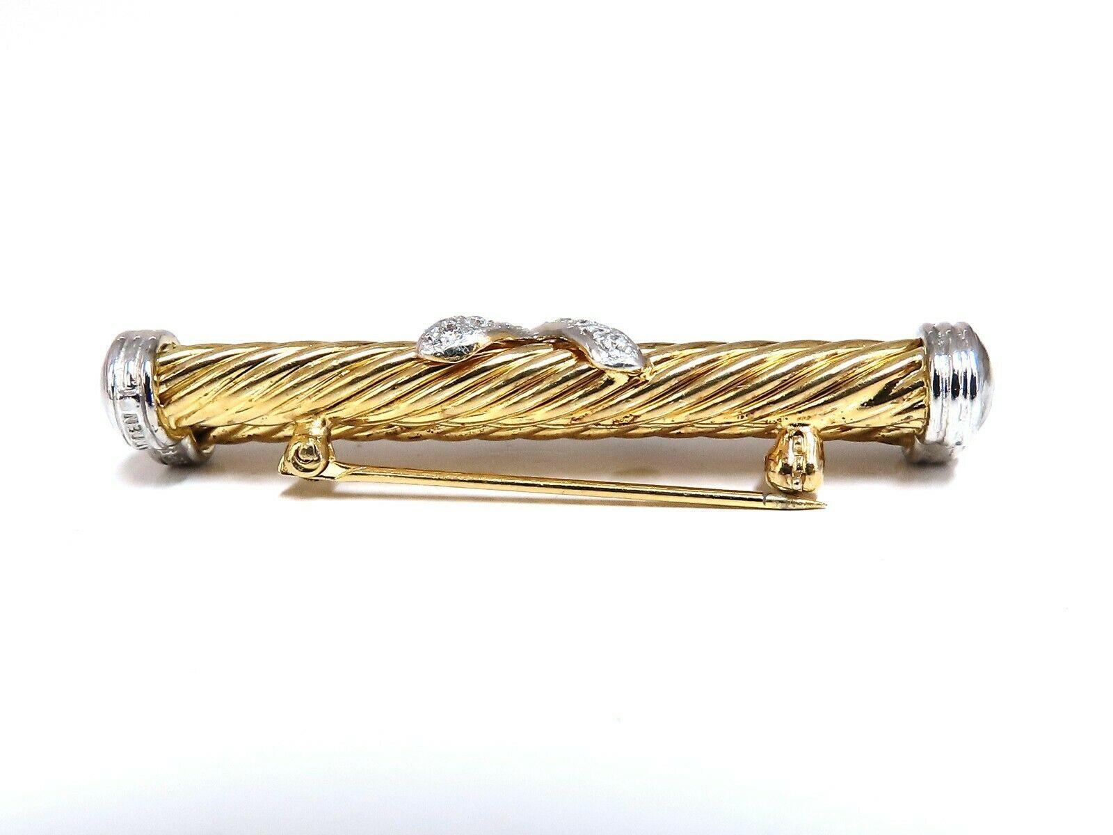 Retro Gold X Twist pin.

Double Tubular Candy Caned Twisting pattern

New condition.

Natural Round Diamonds: .35ct

Full Cut, H-color Vs-2 clarity.

Measures: 2 X .47 inch

Depth: .28 inch

14kt. yellow gold & Silver Caps

8.9 grams