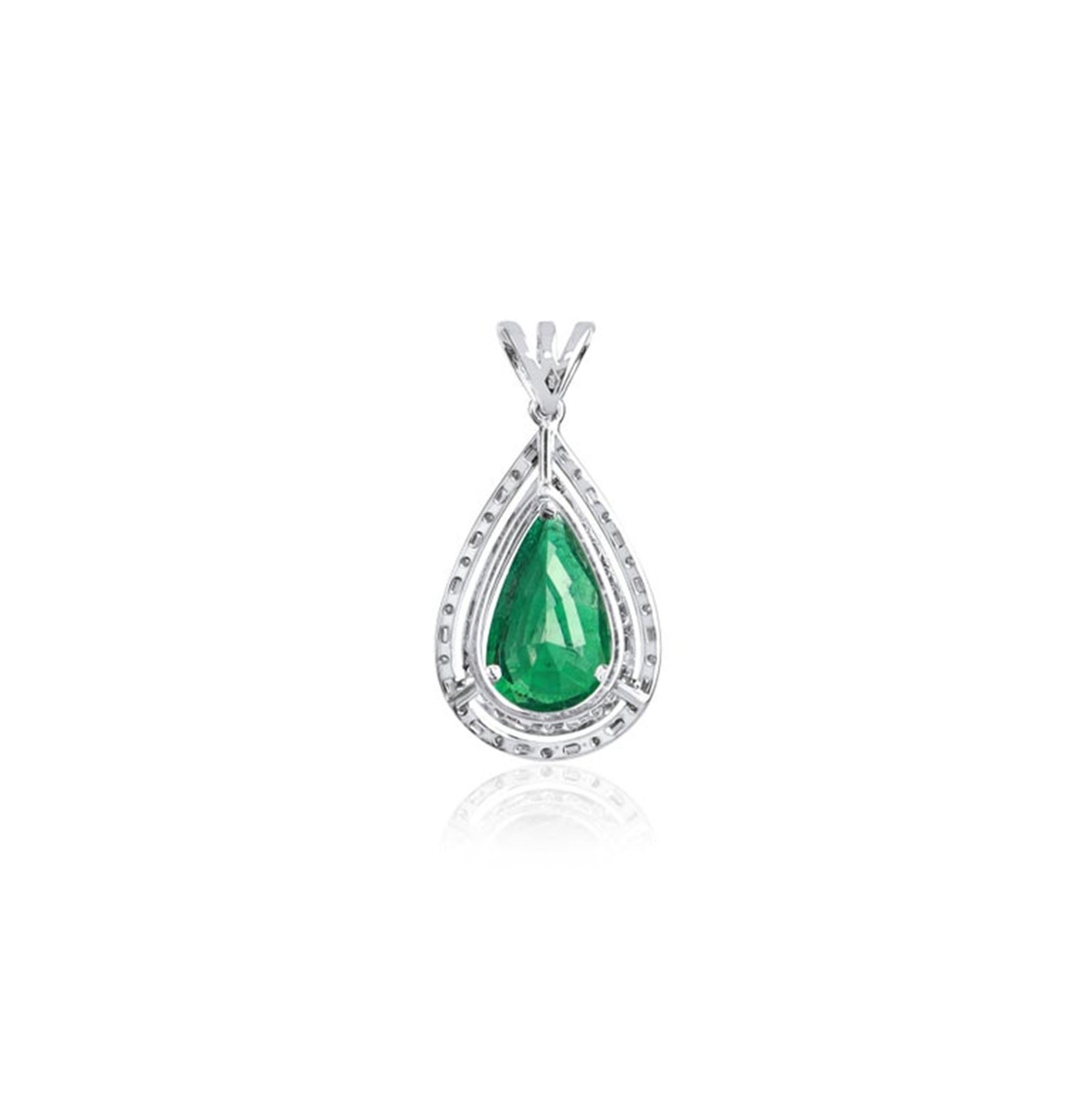 Women's 3.5ct Natural Pear-Cut Emerald & Diamond Double Halo Pendant in 18K White Gold For Sale