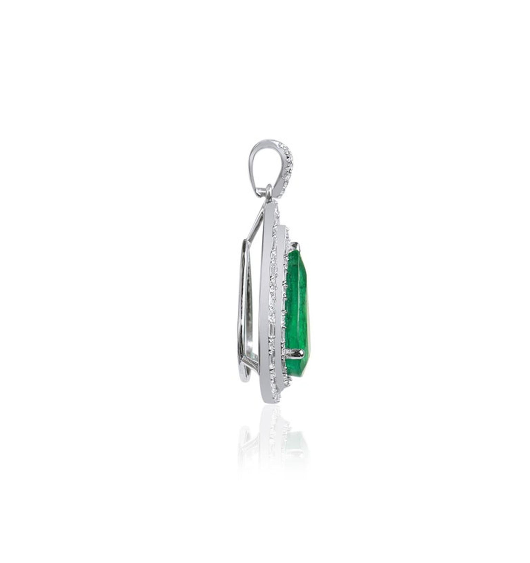 3.5ct Natural Pear-Cut Emerald & Diamond Double Halo Pendant in 18K White Gold For Sale 1