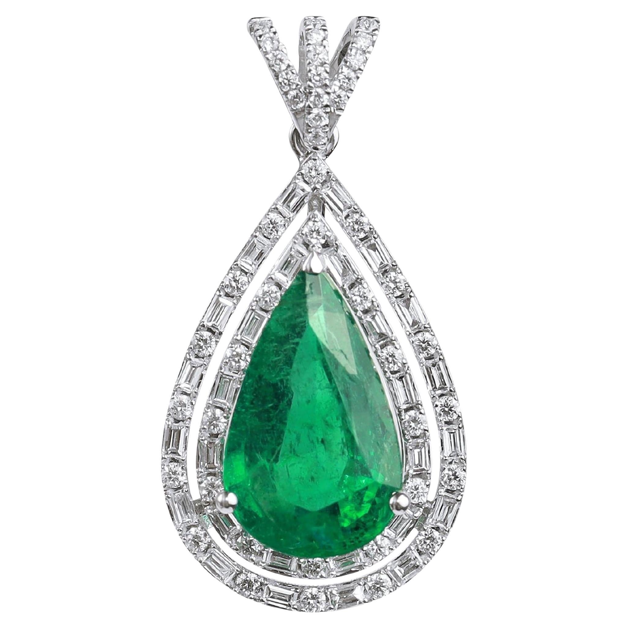 3.5ct Natural Pear-Cut Emerald & Diamond Double Halo Pendant in 18K White Gold For Sale