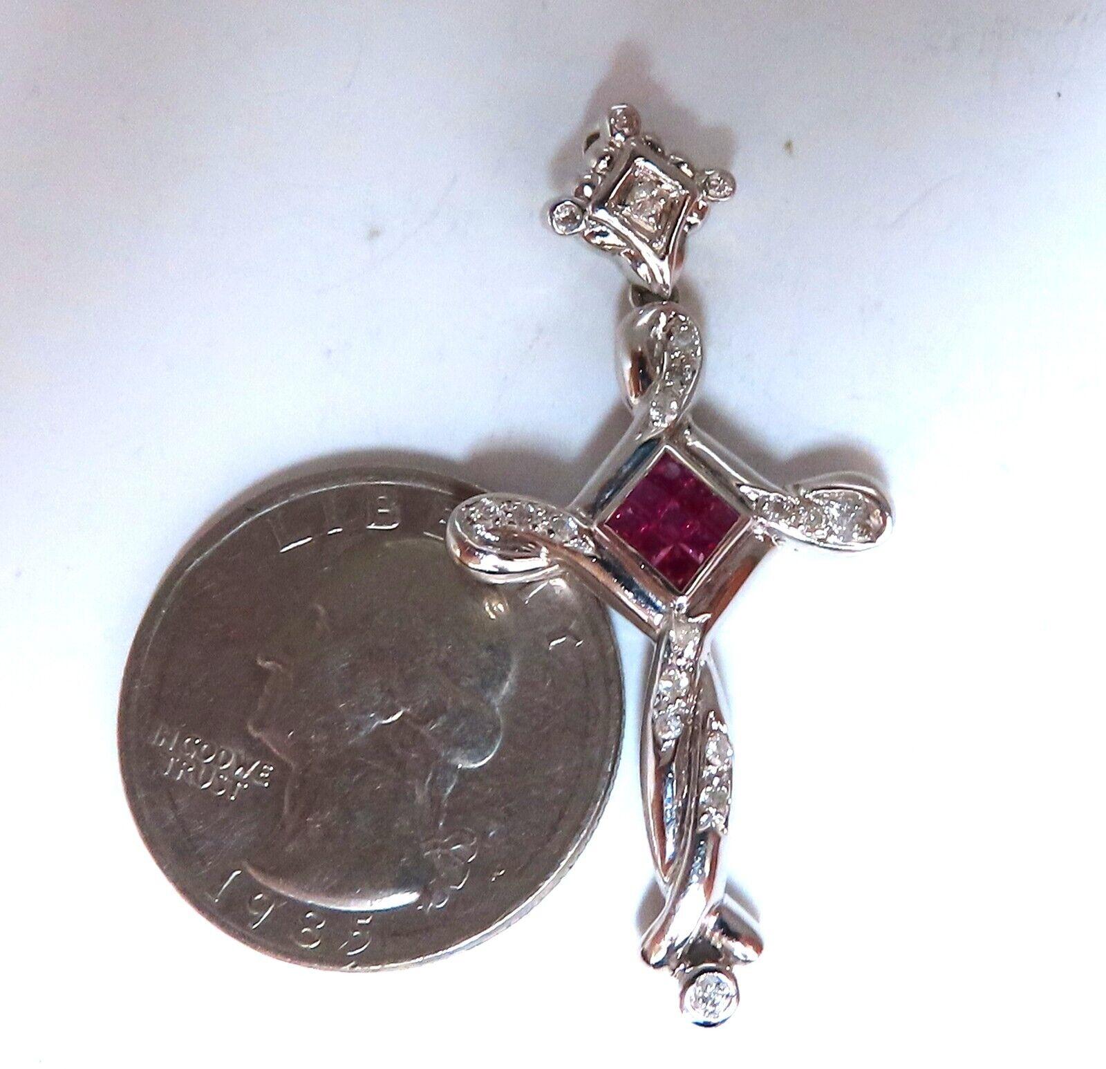 Natural Round Rubies & Diamond Cross.

.20ct. Brilliant Round Cut Natural Diamond

si-1 clarity / H color

Natural .36ct Rubies

Brilliant baguette, full cuts

clean clarity & transparent

Cross: 1.7 x .85 inch

total weight: 6.5 grams.

18kt white