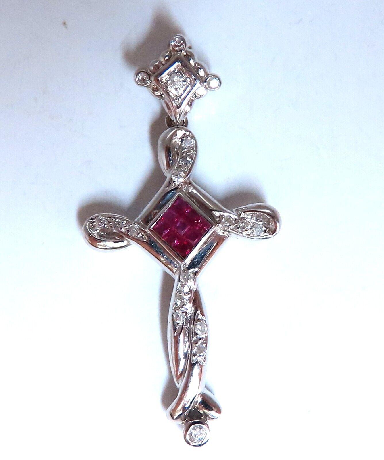 Round Cut .35ct Natural Ruby Diamonds Modern Cross Pendant 18kt For Sale