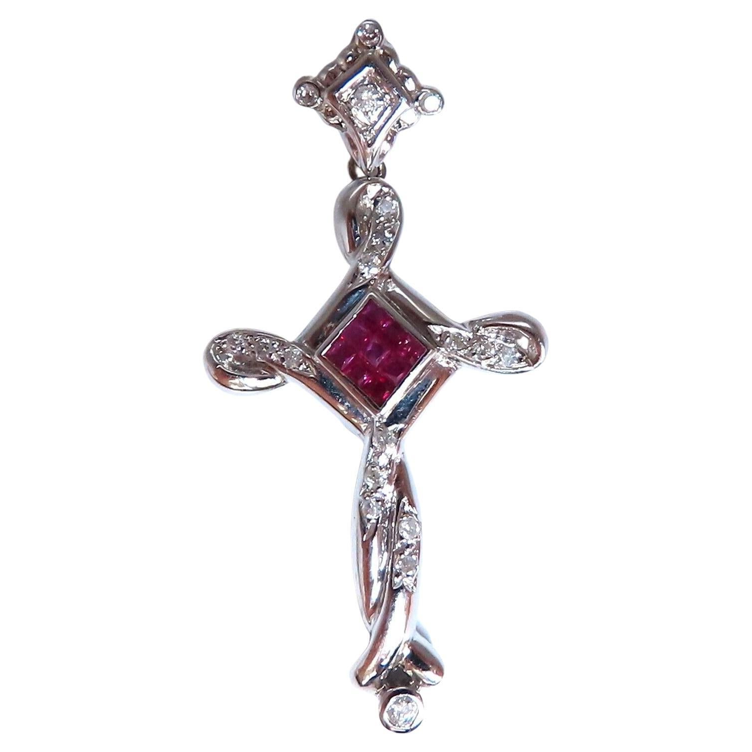 .35ct Natural Ruby Diamonds Modern Cross Pendant 18kt For Sale