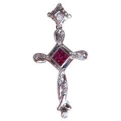 Pendentif croix moderne en or 18 carats avec diamants et rubis naturel de 0,35 carat