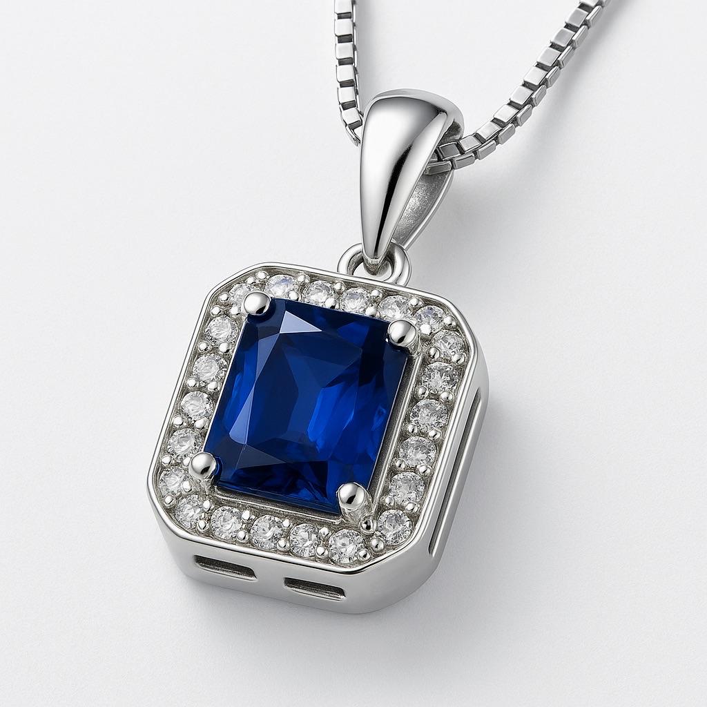 Modern 2.5ct Prong Set Rectangle Natural Blue Sapphire Pendant in Platinum Silver For Sale