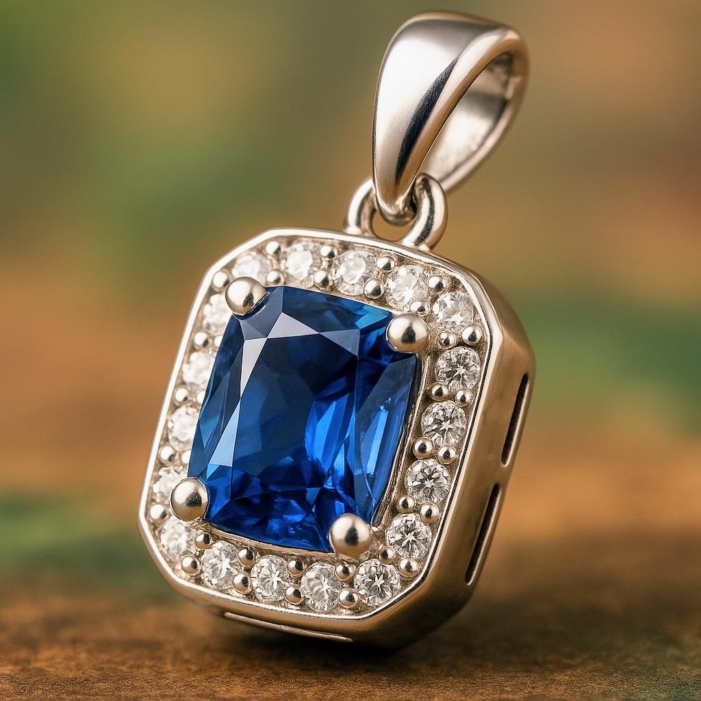 Cushion Cut 2.5ct Prong Set Rectangle Natural Blue Sapphire Pendant in Platinum Silver For Sale