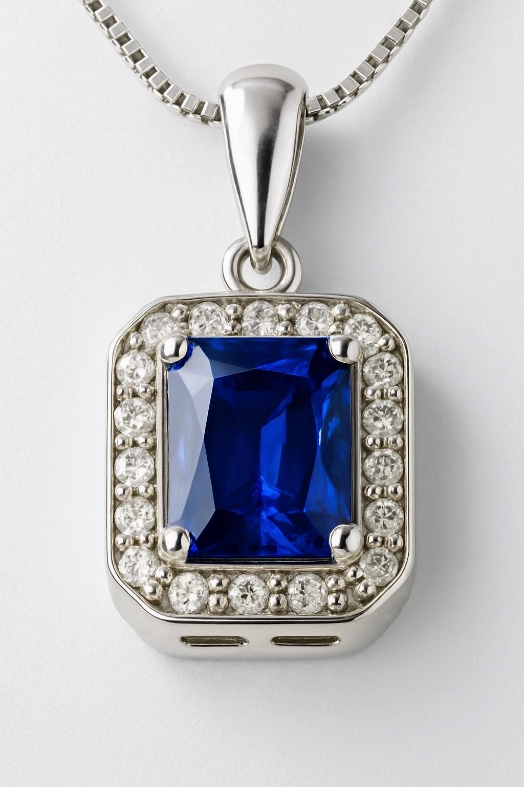 2.5ct Prong Set Rectangle Natural Blue Sapphire Pendant in Platinum Silver In New Condition For Sale In Lanham, MD