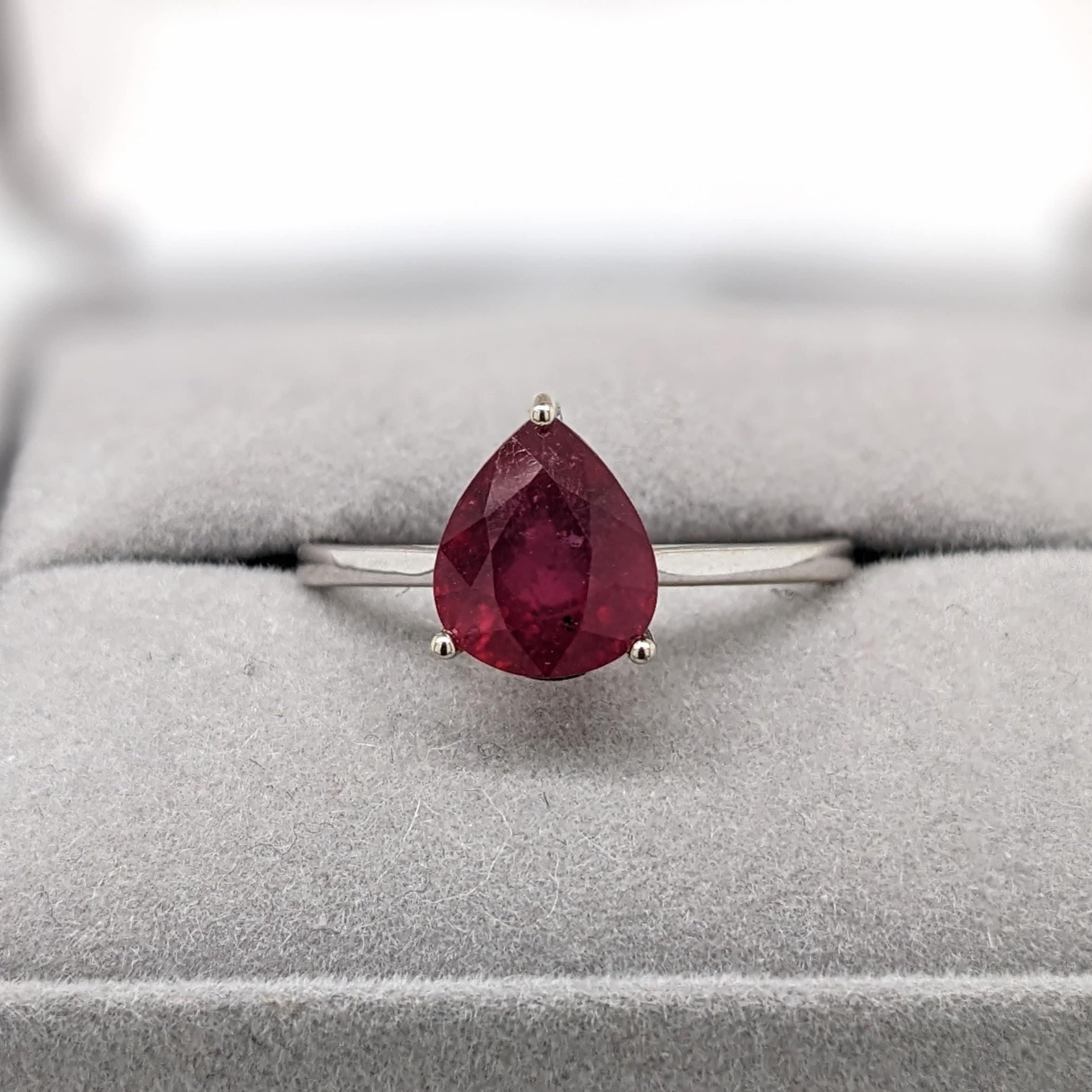 Pear Cut 3.5ct Red Ruby Ring in Solid 14k White Gold  Pear Shape 10x7mm  Solitaire Ring For Sale