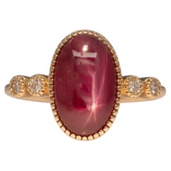3.5Ct Star Ruby Ring with Earth Mined Diamonds Accents: Solid 14K Gold, 12x7.6mm