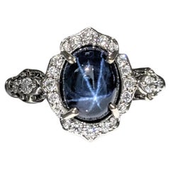 3.5ct Star Sapphire Ring w Earth Mined Diamonds Diamonds in Solid 14K White Gold