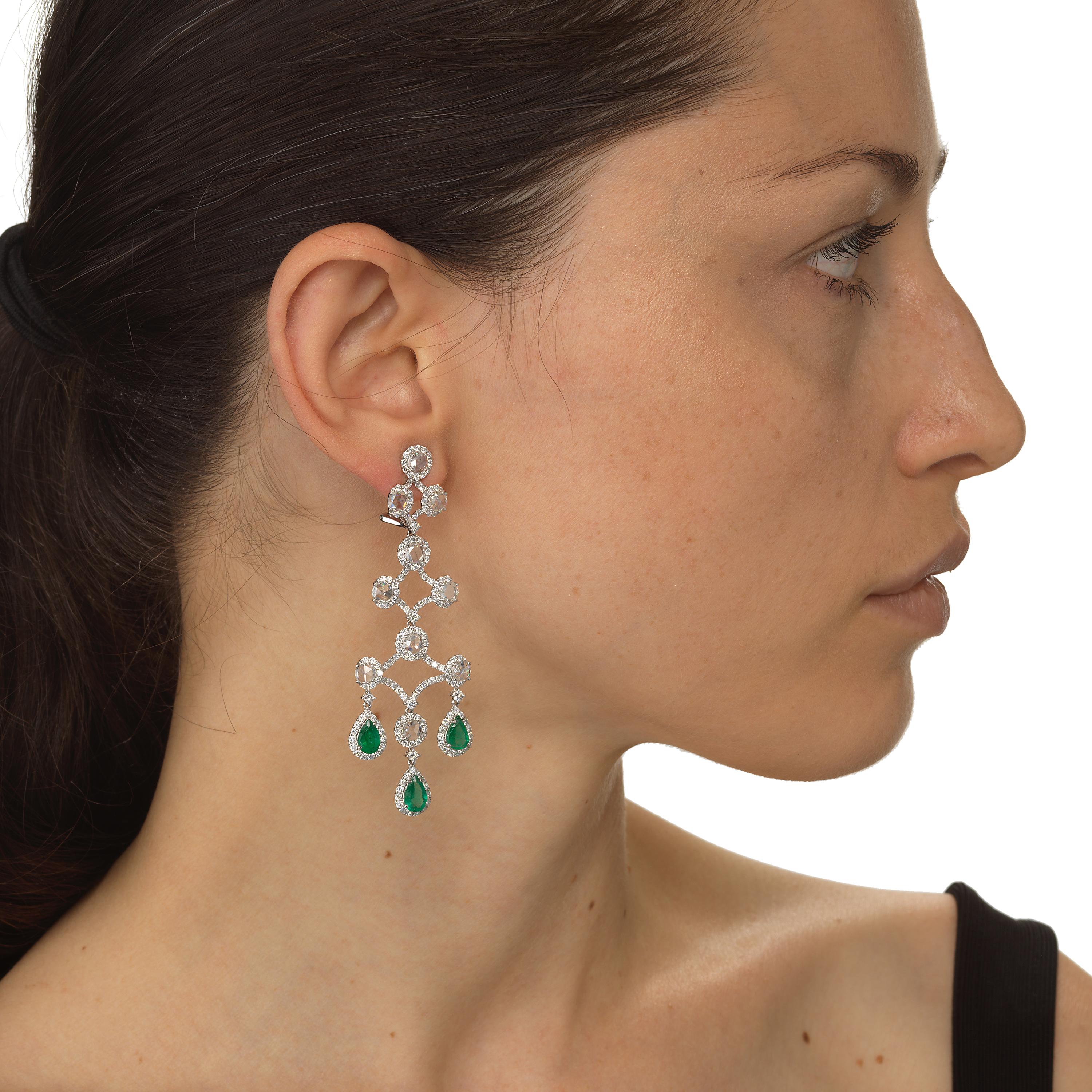 Pear Cut Nigaam 12.2 Cts. Emerald and Diamond Chandelier Earrings in 18K White Gold For Sale