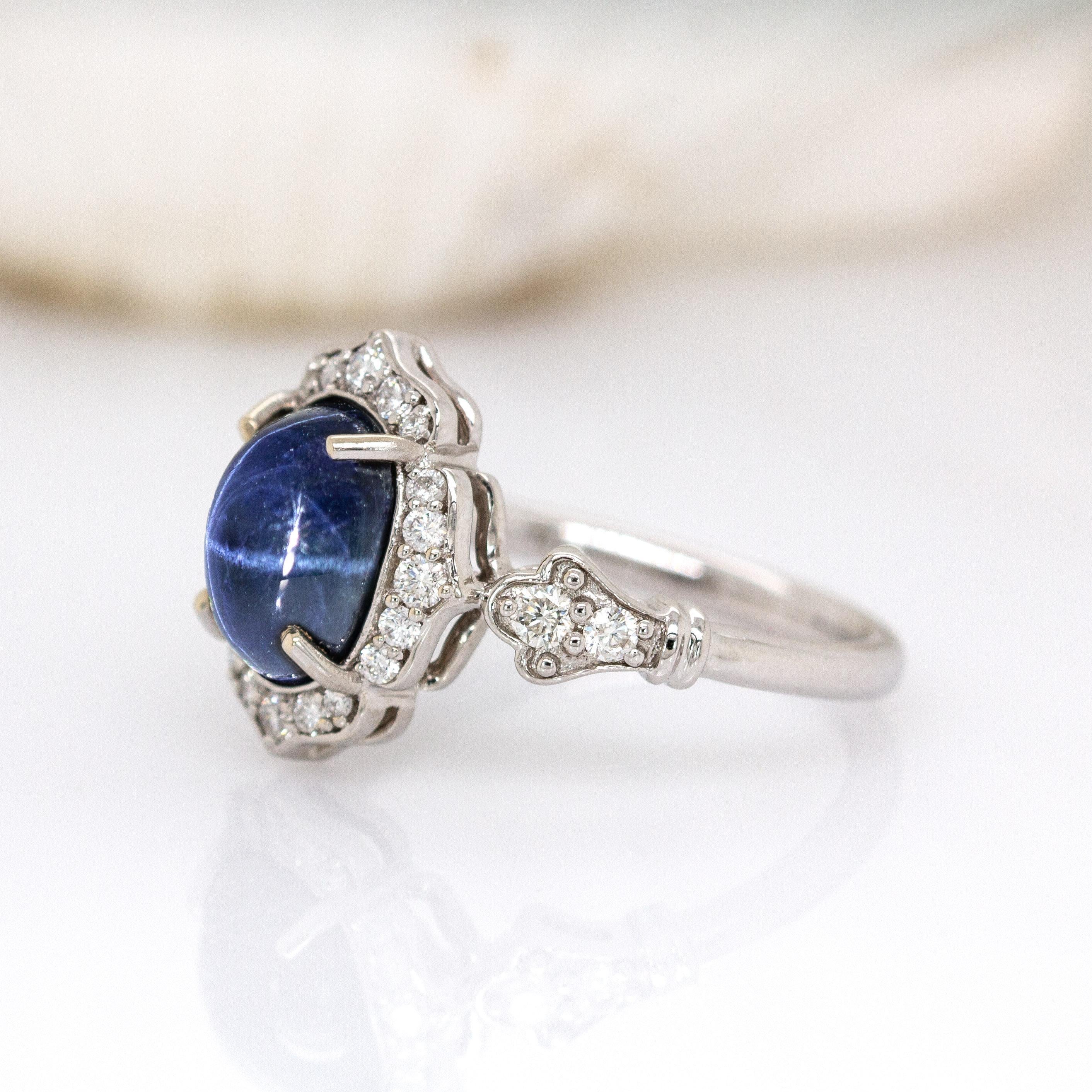 Art Deco 3.5cts Ceylon Star Sapphire Ring w Diamond Accents in 14K White Gold  OV 9x7mm For Sale