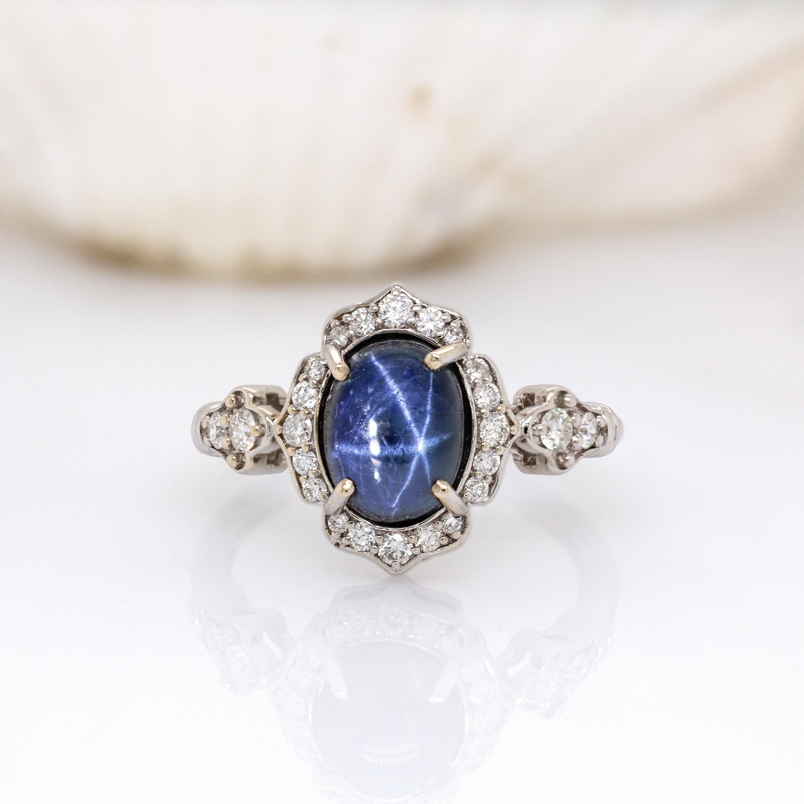 Oval Cut 3.5cts Ceylon Star Sapphire Ring w Diamond Accents in 14K White Gold  OV 9x7mm For Sale