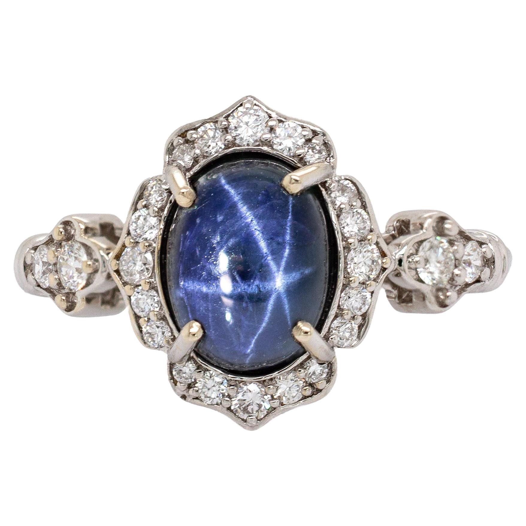 3.5cts Ceylon Star Sapphire Ring w Diamond Accents in 14K White Gold  OV 9x7mm For Sale