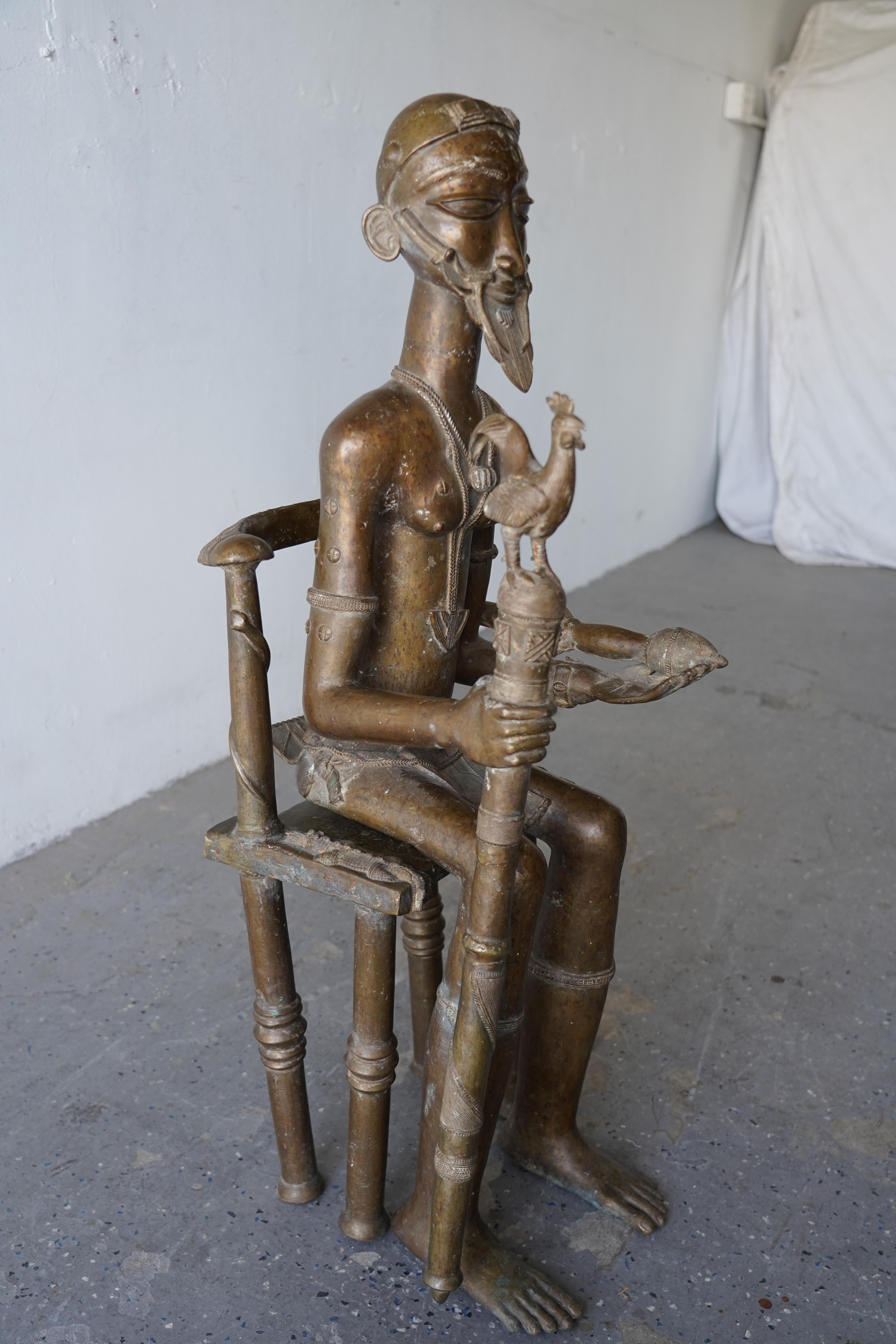 3.5ft African Tribal Art Large Bronze Baule Ancestor Sitting King Figure Statue en vente 7