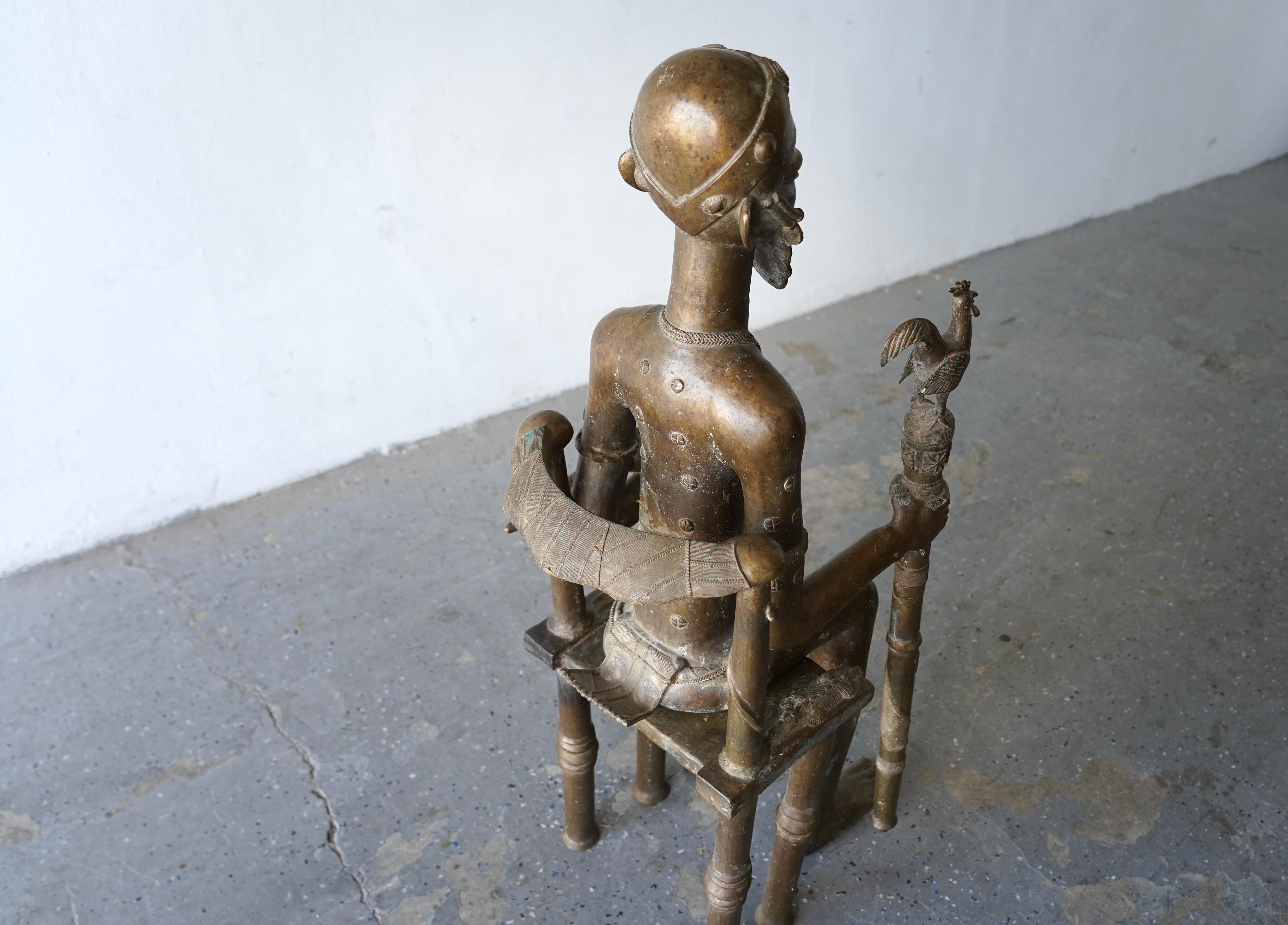 3.5ft African Tribal Art Large Bronze Baule Ancestor Sitting King Figure Statue en vente 14