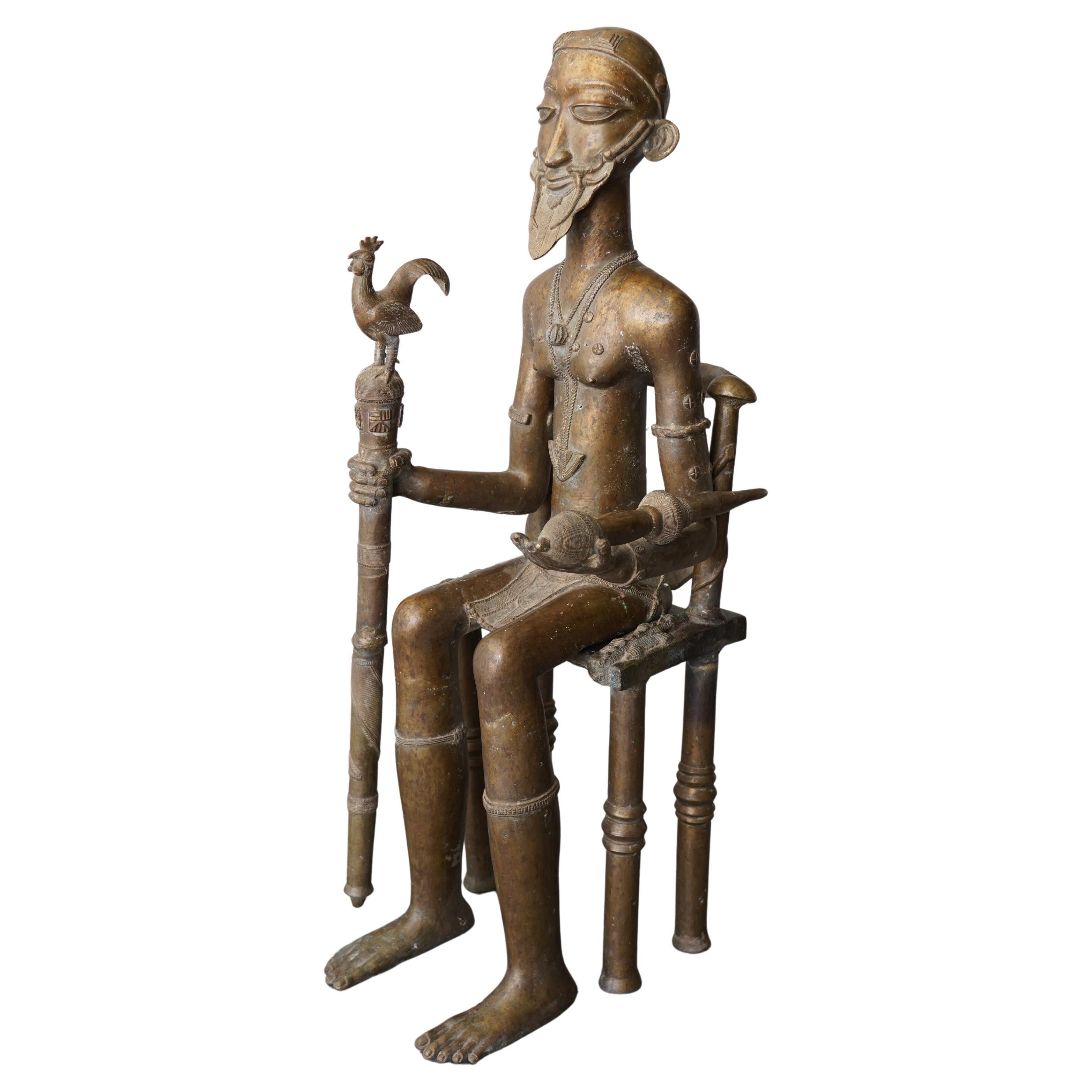 3.5ft African Tribal Art Large Bronze Baule Ancestor Sitting King Figure Statue