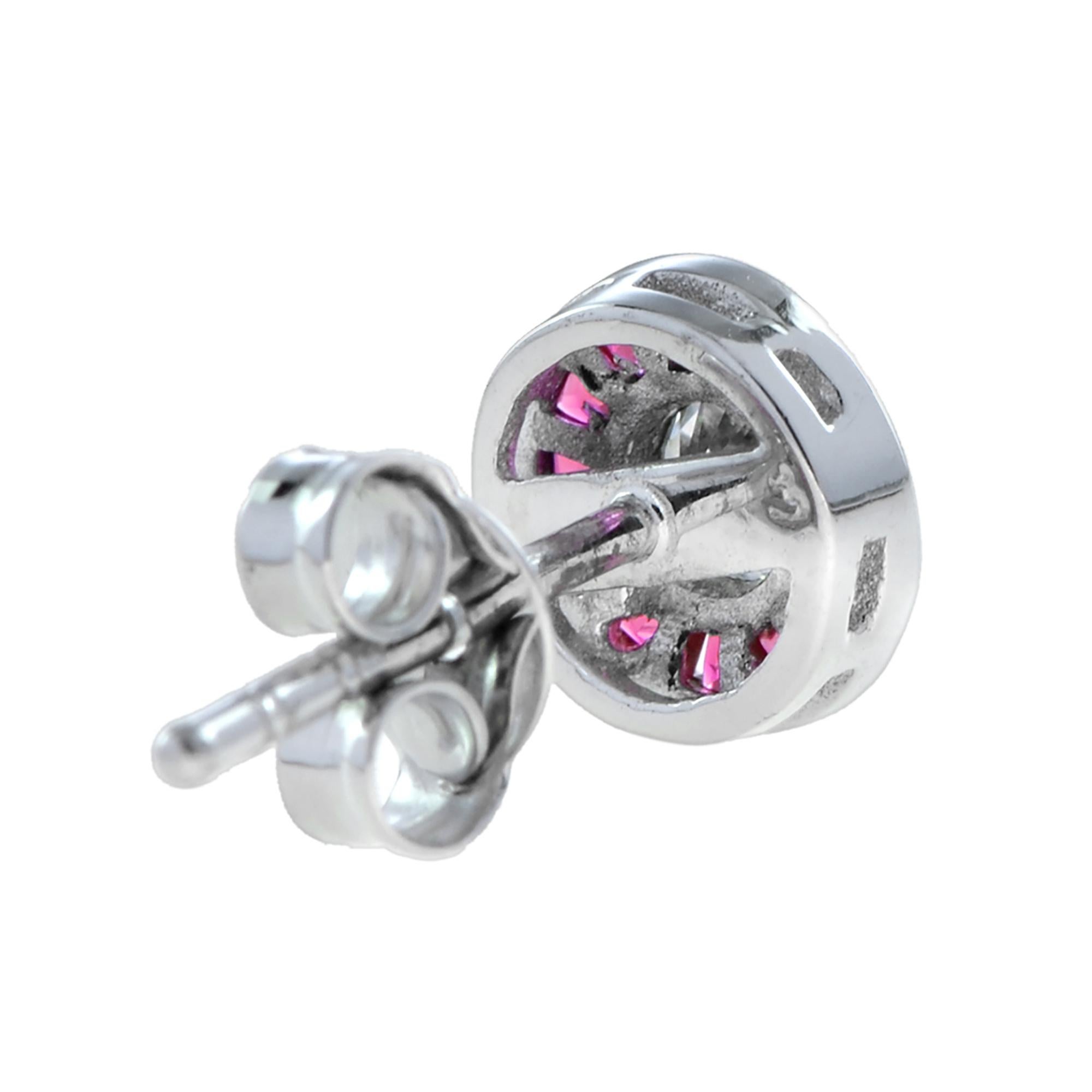 Round Cut 3.5m Round White Diamond & Red Pink Ruby Art Deco Style Stud White Gold Earrings For Sale