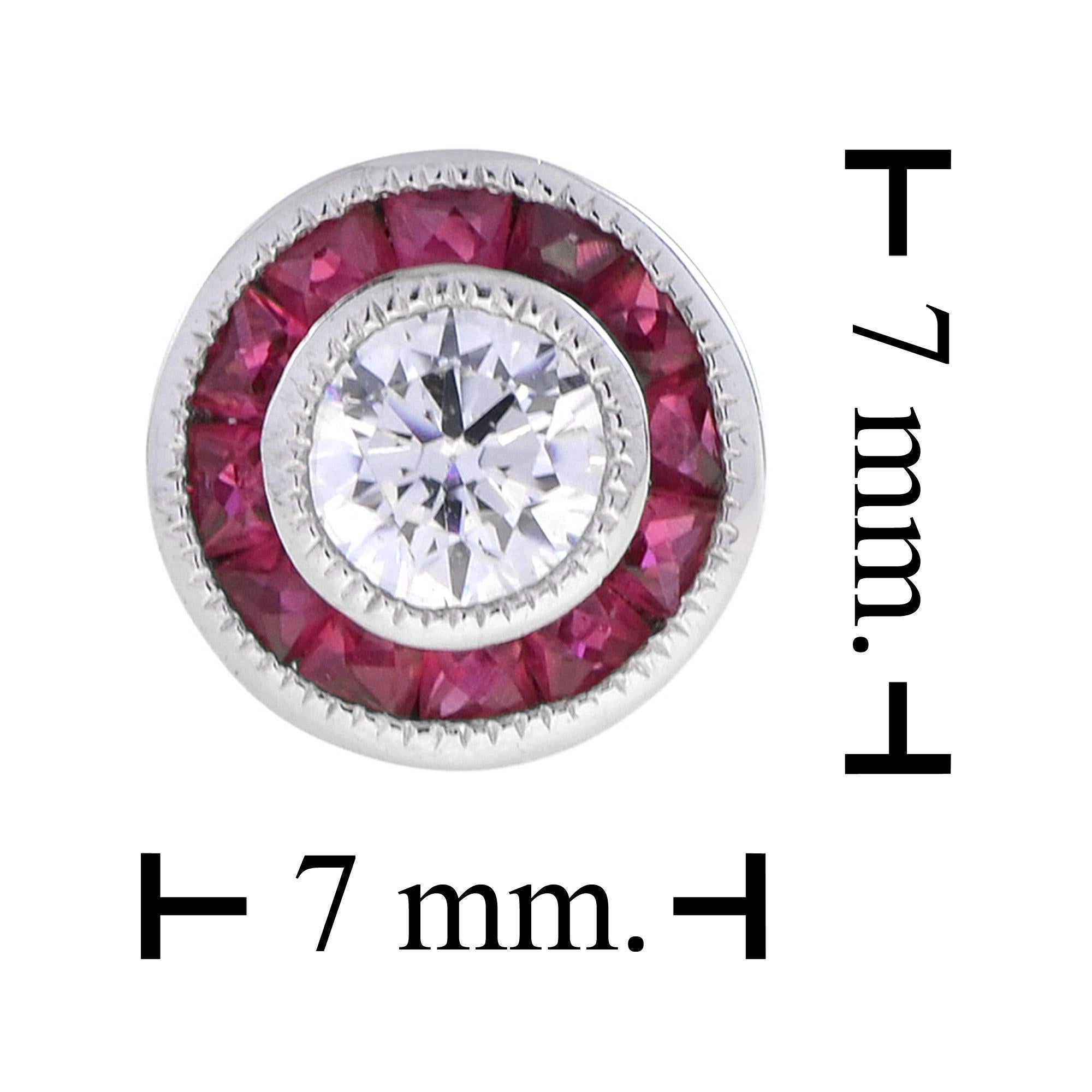 Women's or Men's 3.5m Round White Diamond & Red Pink Ruby Art Deco Style Stud White Gold Earrings For Sale