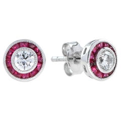 3.5m Round White Diamond & Red Pink Ruby Art Deco Style Stud White Gold Earrings