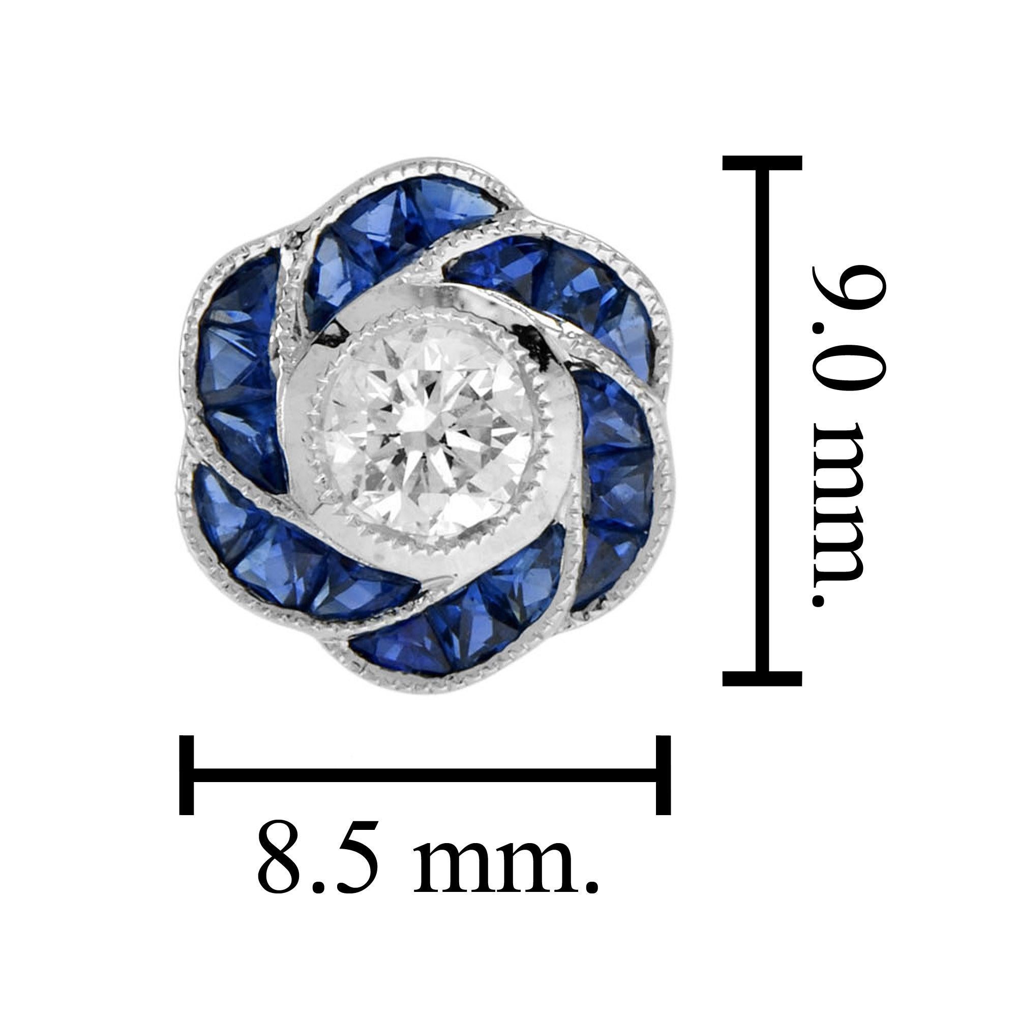 Perfect with everyday wear, these charming vintage Art Deco revivalist design stud earrings feature a pair of brilliant-cut diamonds surrounded by bright blue sapphire for rose petals finished look all in 18K white gold.
Information
Style: