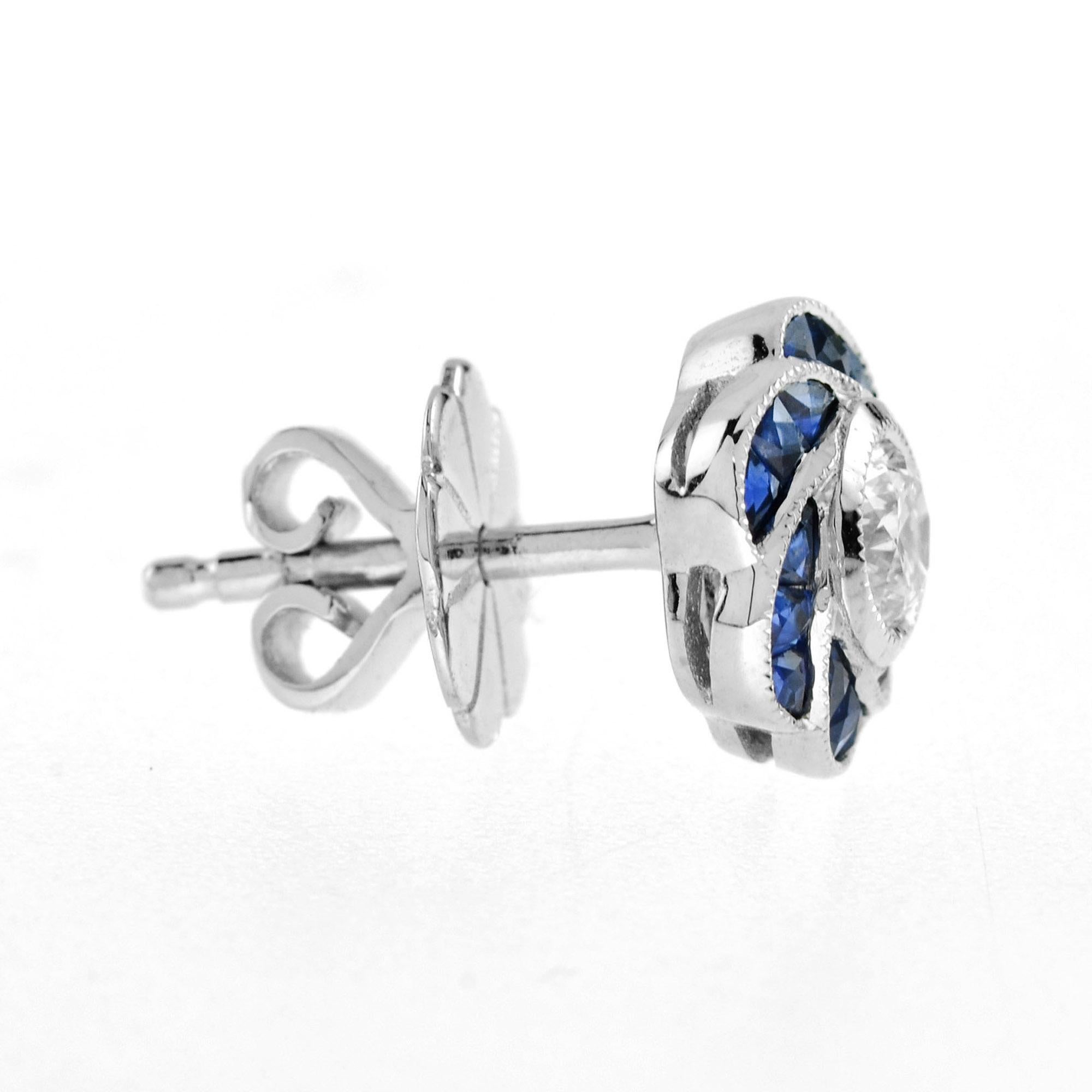 Brilliant Cut 3.5mm Diamond & Blue Sapphire Rose Petal Floral Stud 18K White Gold Earrings For Sale