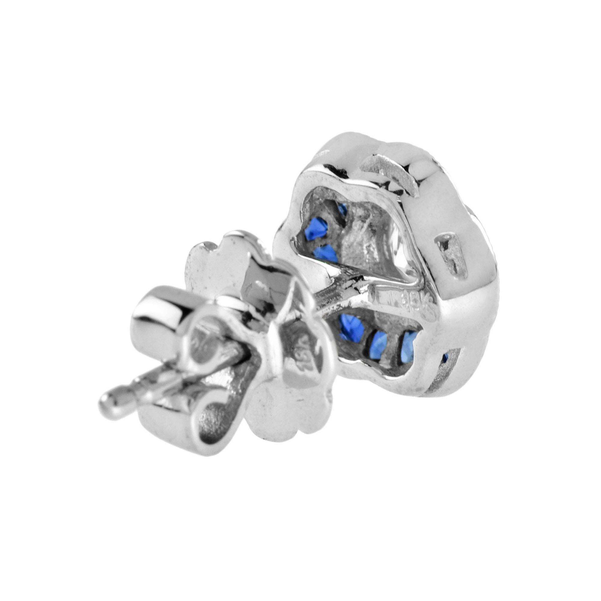 3.5mm Diamond & Blue Sapphire Rose Petal Floral Stud 18K White Gold Earrings In New Condition For Sale In Oakton, VA