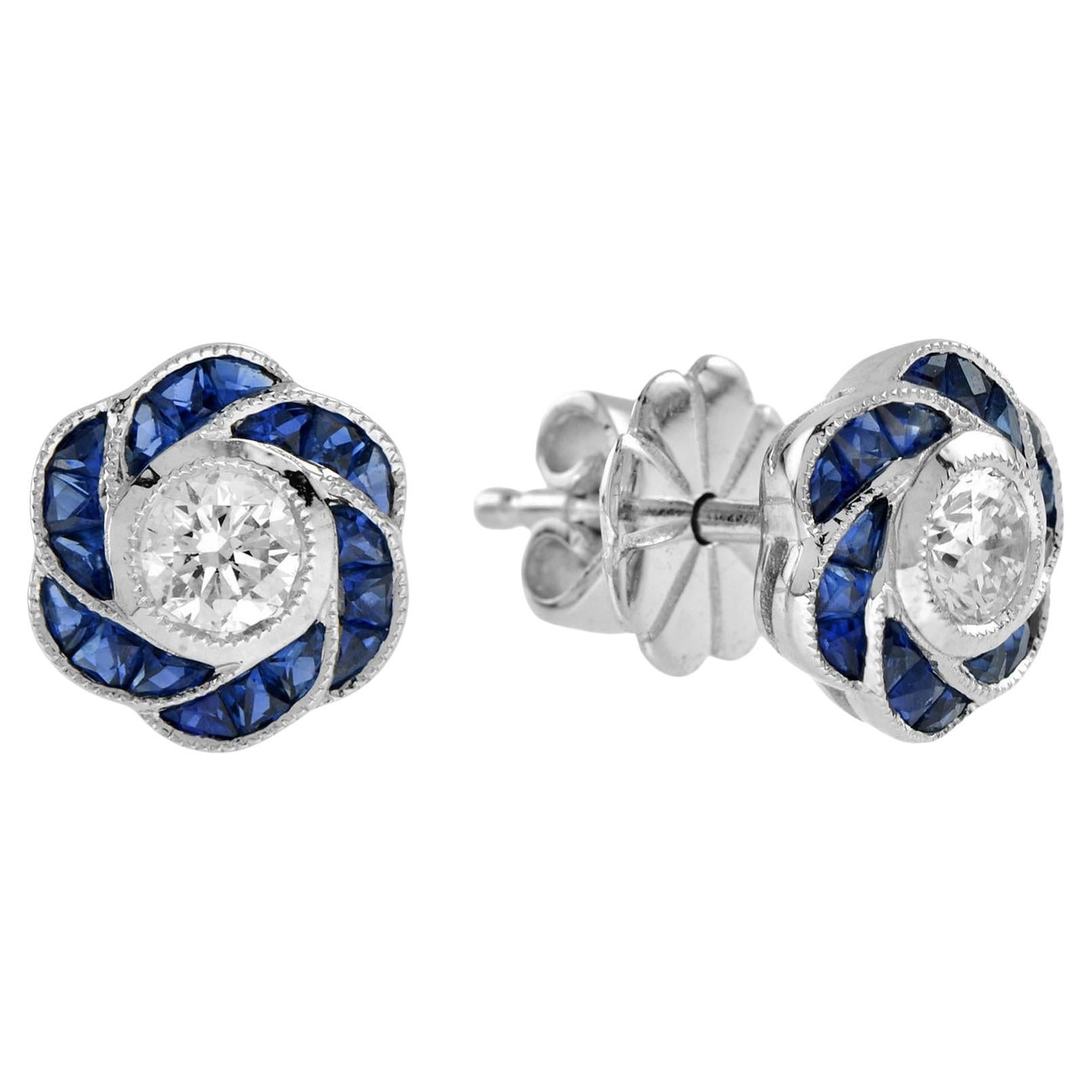 3.5mm Diamond & Blue Sapphire Rose Petal Floral Stud 18K White Gold Earrings