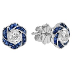 3.5mm Diamond & Blue Sapphire Rose Petal Floral Stud 18K White Gold Earrings