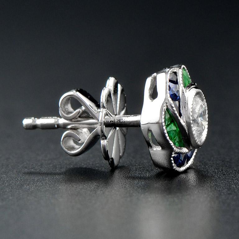 3.5mm Diamond Green Emerald & Blue Sapphire Rose Petal Stud 14K Gold Earrings In New Condition For Sale In Oakton, VA
