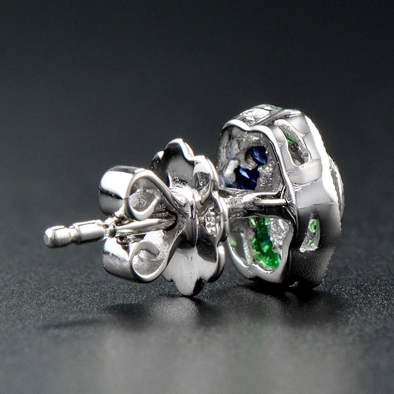 Women's 3.5mm Diamond Green Emerald & Blue Sapphire Rose Petal Stud 14K Gold Earrings For Sale