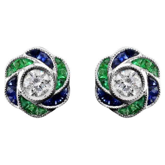 3.5mm Diamond Green Emerald & Blue Sapphire Rose Petal Stud 14K Gold Earrings