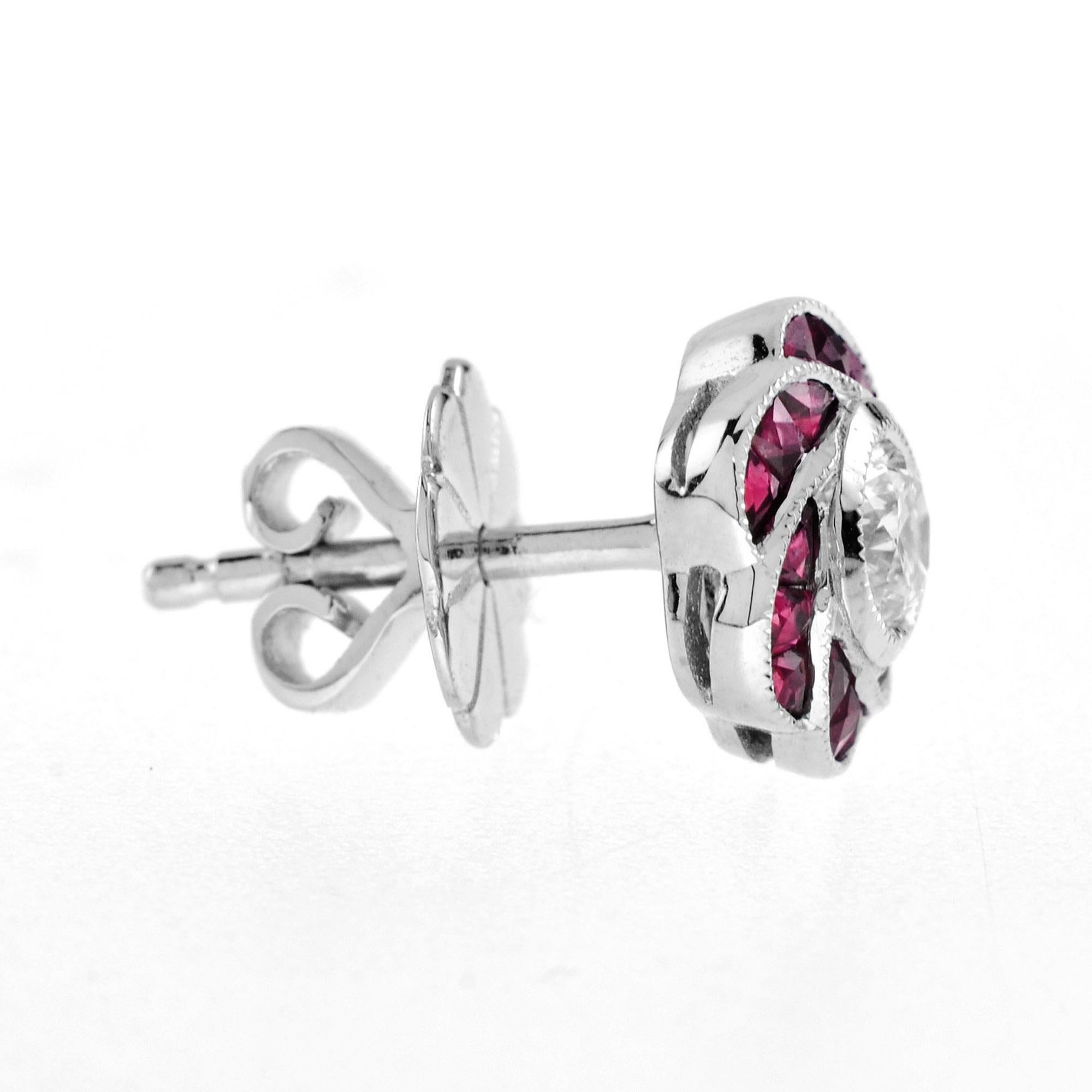 Perfect with everyday wear, these charming vintage Art Deco revivalist design stud earrings feature a pair of brilliant cut diamonds surrounded by ruby for rose petals finished look all in 18K white gold.
Information
Style: Art-deco
Metal: 18K White