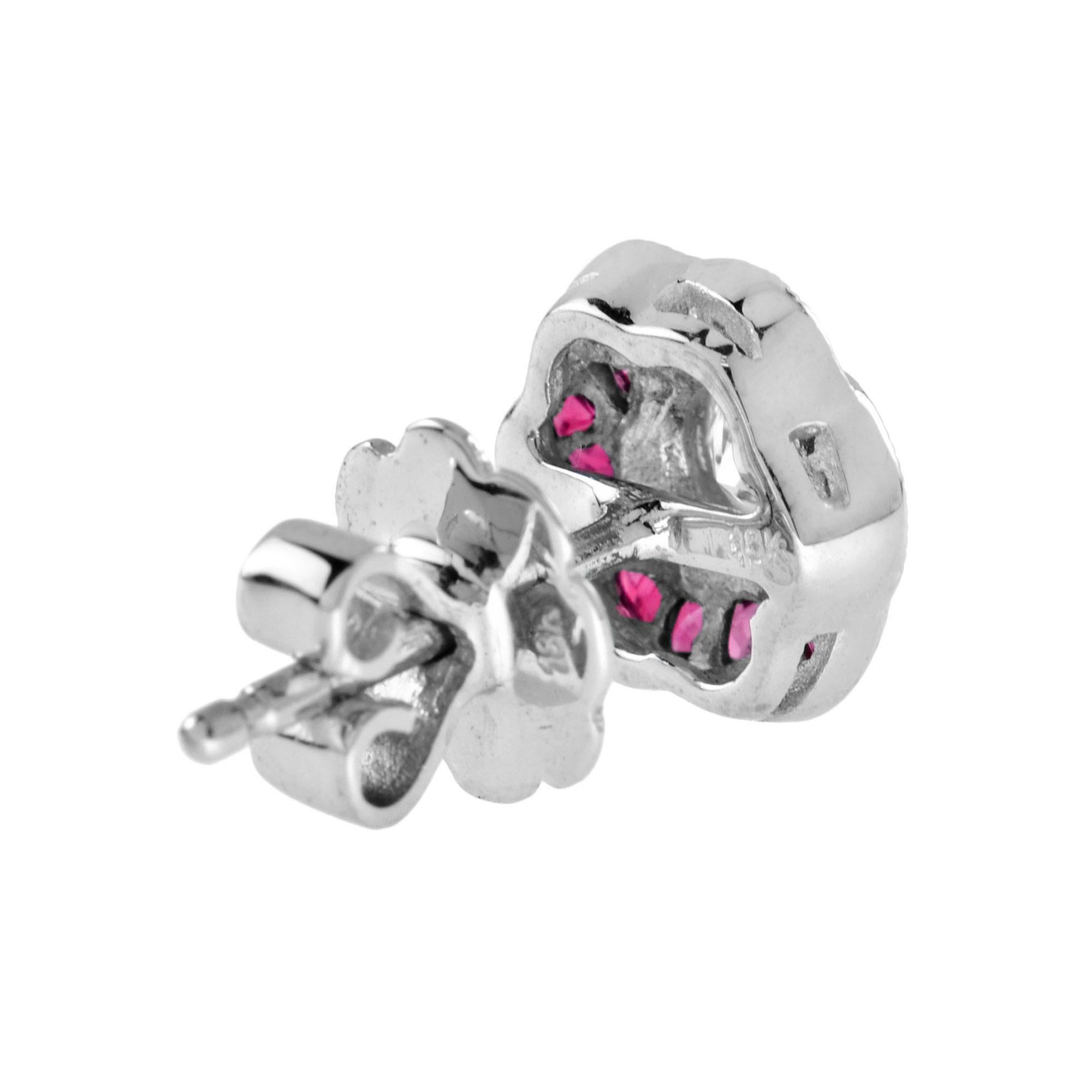 Art Deco 3.5mm Diamond & Red Pink Ruby Rose Petal Floral Stud 18K White Gold Earrings For Sale
