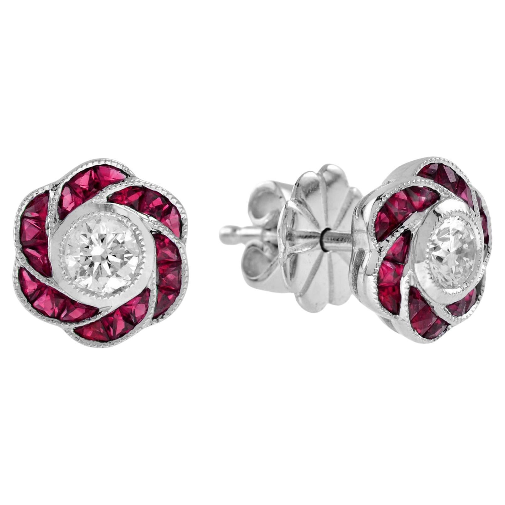 3.5mm Diamond & Red Pink Ruby Rose Petal Floral Stud 18K White Gold Earrings