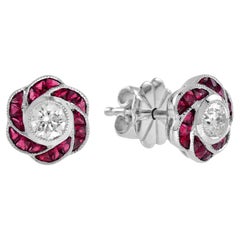 3.5mm Diamond & Red Pink Ruby Rose Petal Floral Stud 18K White Gold Earrings