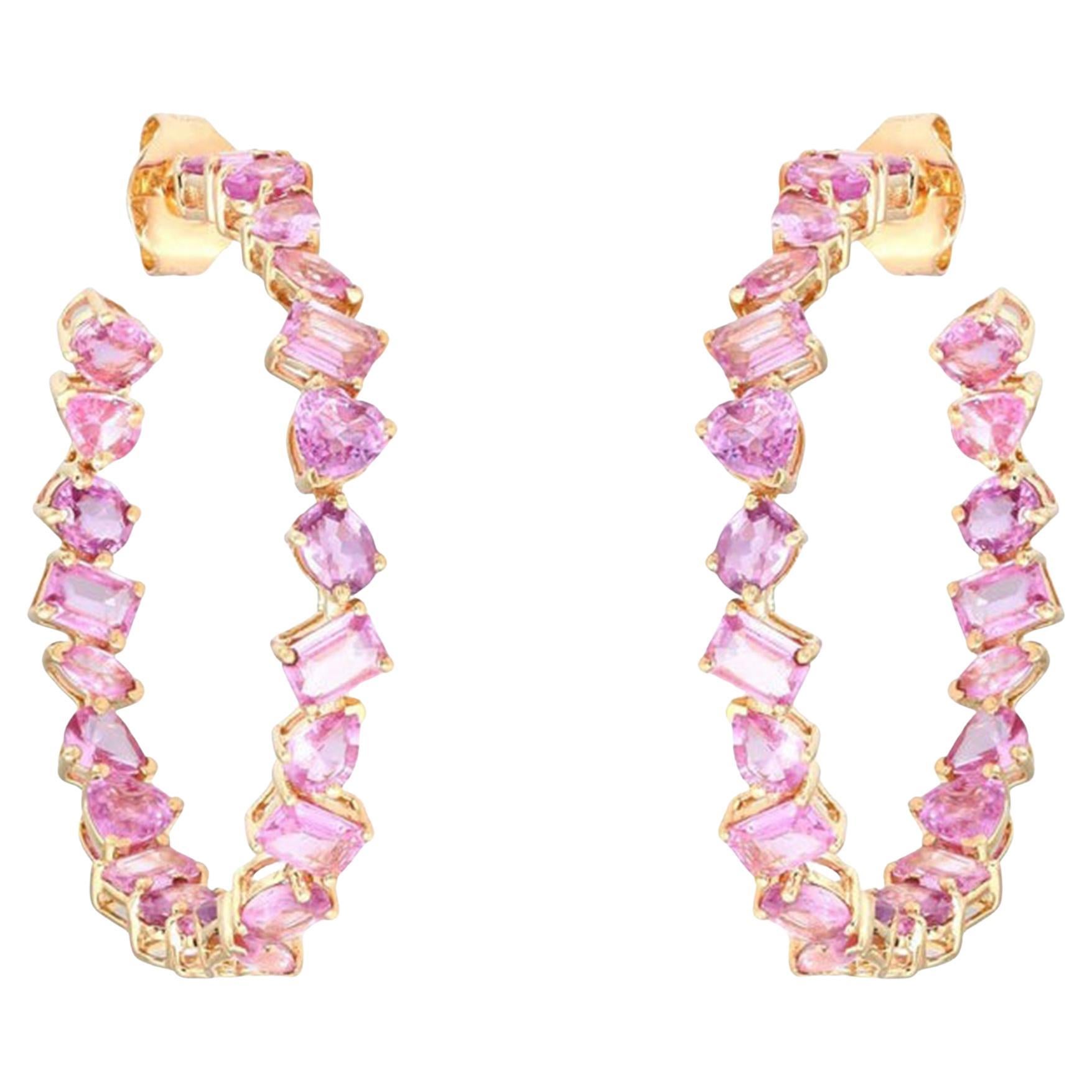 35mm Pink Sapphire 14K (or 18k upon request) Yellow Gold Mixed Cut Hoop Earrings