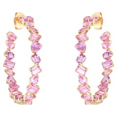 35mm Pink Sapphire 14K (or 18k upon request) Yellow Gold Mixed Cut Hoop Earrings