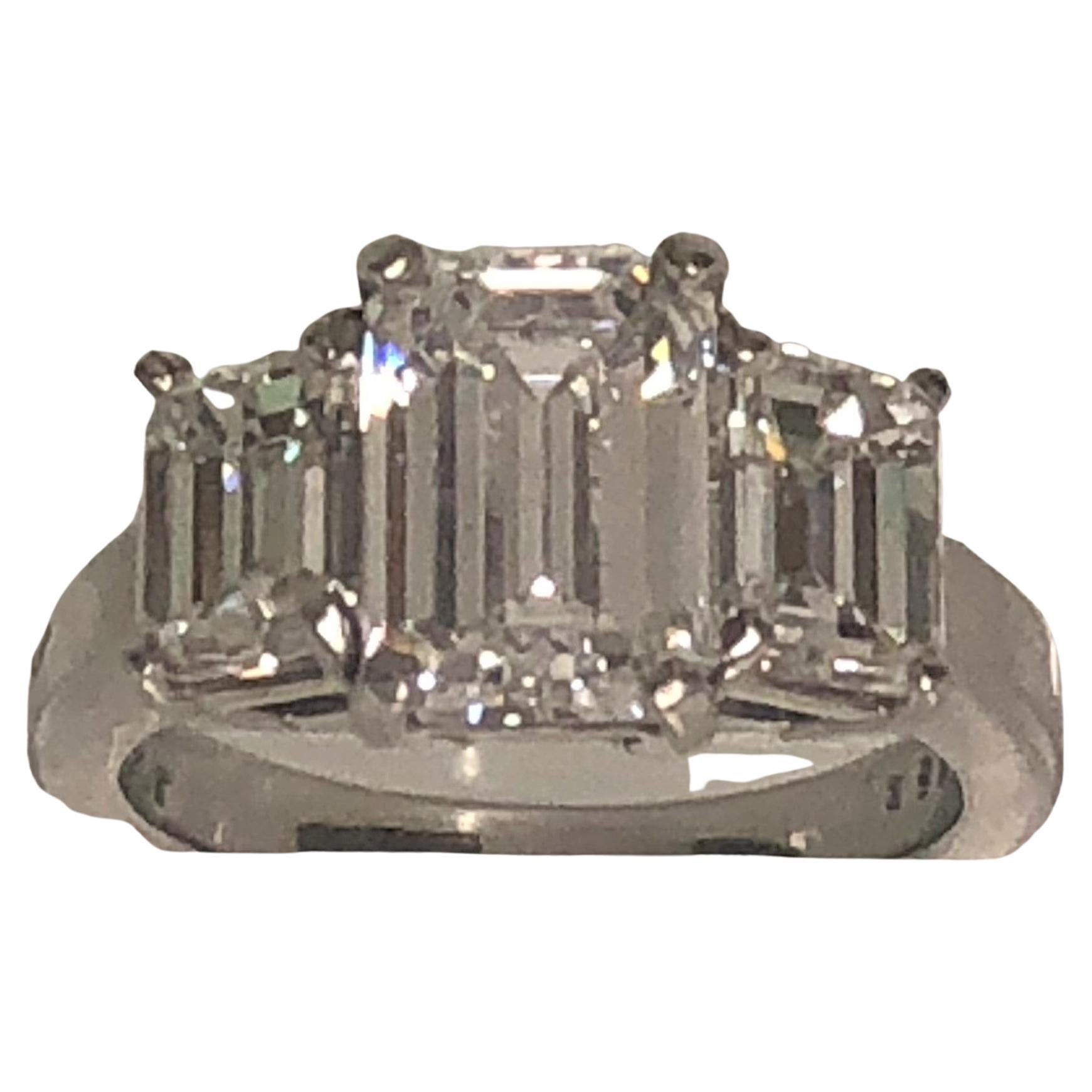 3.6tdw+ Platinum 3 Diamond Emerald Cut Ring For Sale