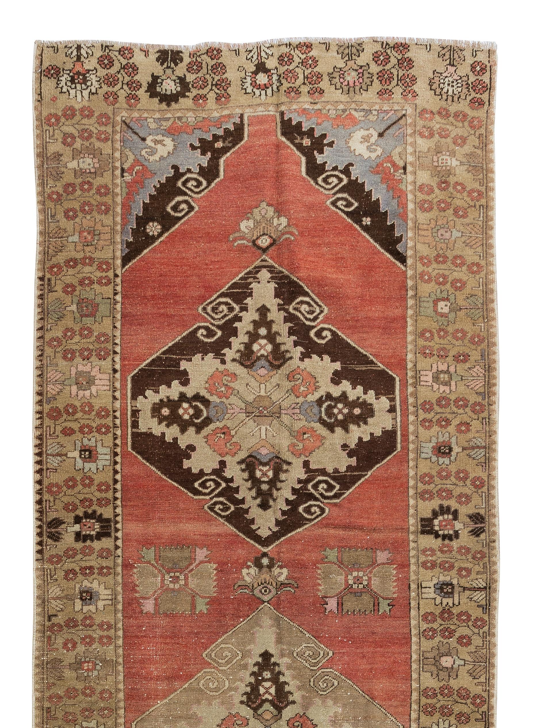 Turkish 3.5x10 Ft Traditional Hand Knotted Anatolian Runner Rug for Hallway, Circa 1960 For Sale