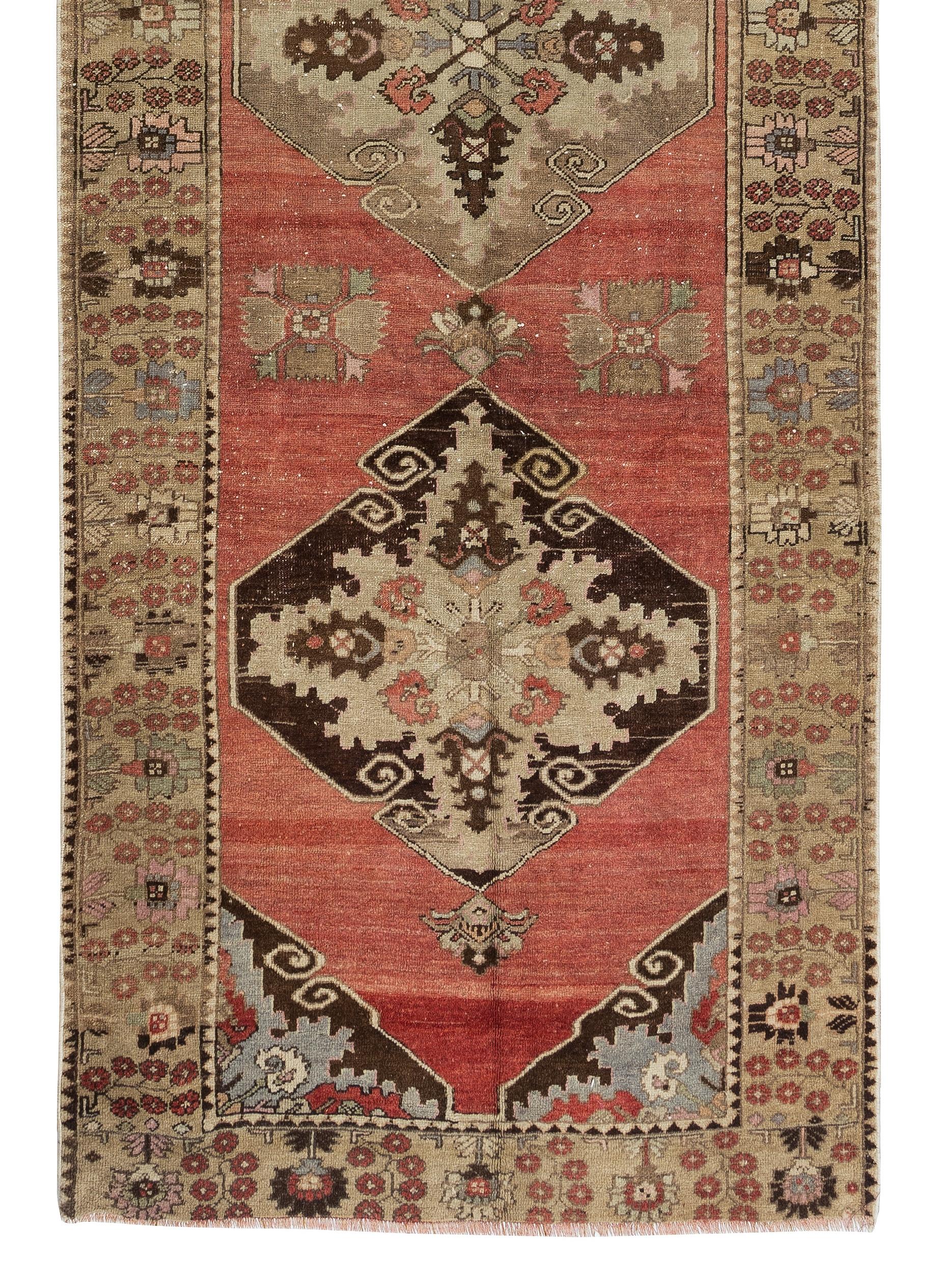 Hand-Knotted 3.5x10 Ft Traditional Hand Knotted Anatolian Runner Rug for Hallway, Circa 1960 For Sale