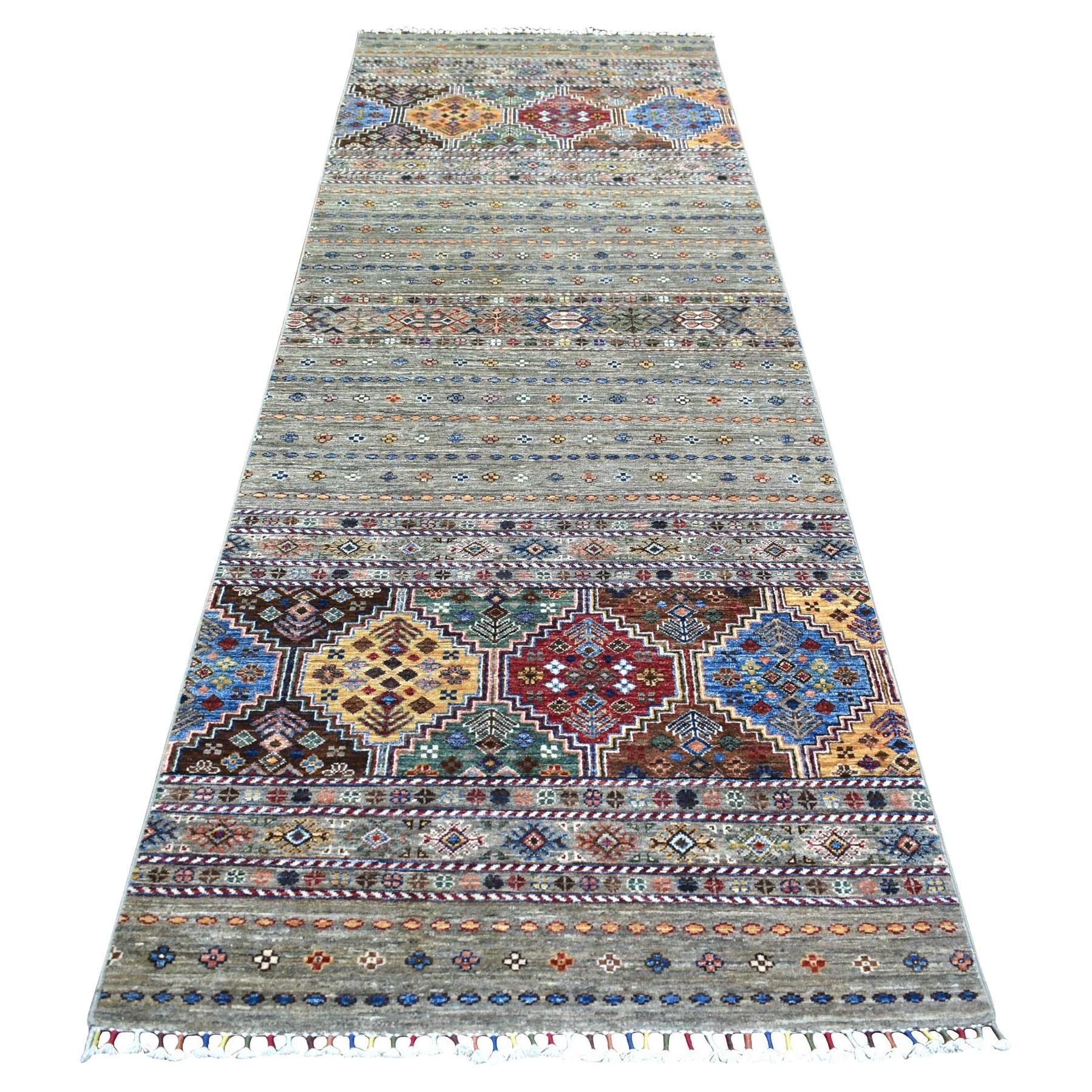 3'5"x10' Taupe Gray Soft Wool Hand Knotted Afghan Super Kazak Runner Rug For Sale