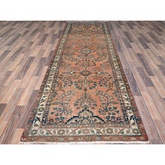 3'5"x10'2" Red Vintage Zoroastrian Lilahan Worn Out Abrash Oriental Runner Rug