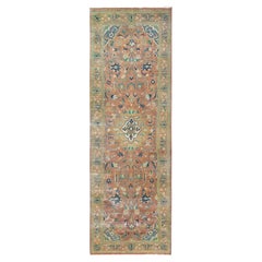 3'5"x10'5" Coral Red, Hand Knotted Vintage Farsian Kashan, Worn Wool Runner Rug