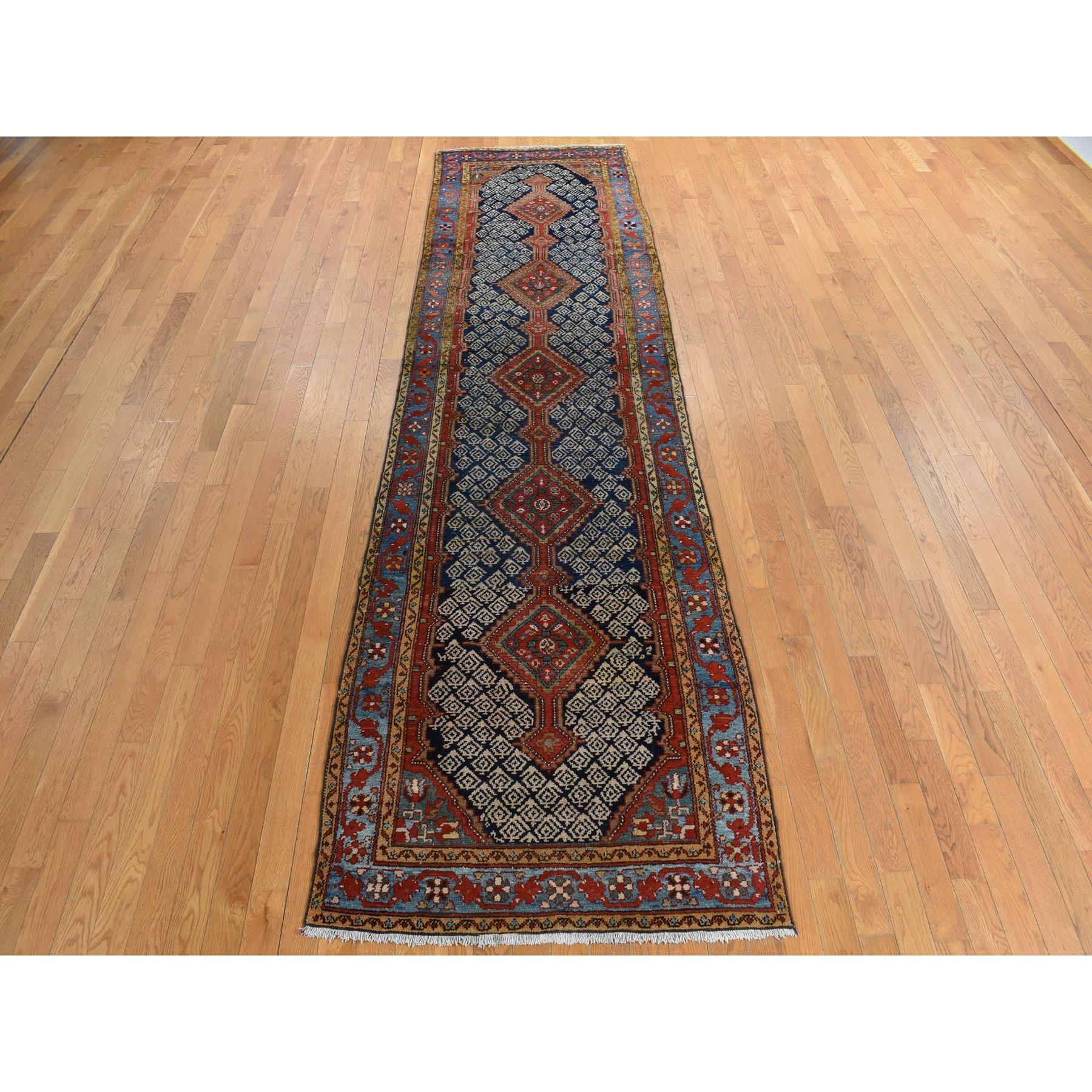 Midnight Blue, Antique Persian Malayer in Good Condition, Full Pile, Sides and Ends Professionally Secured, Clean, 100% Wool, Hand Knotted, Runner, Oriental Rug
Primary materials: Wool
Latex: No
Pile height: 0.25 Inches
Style: Traditional
Primary