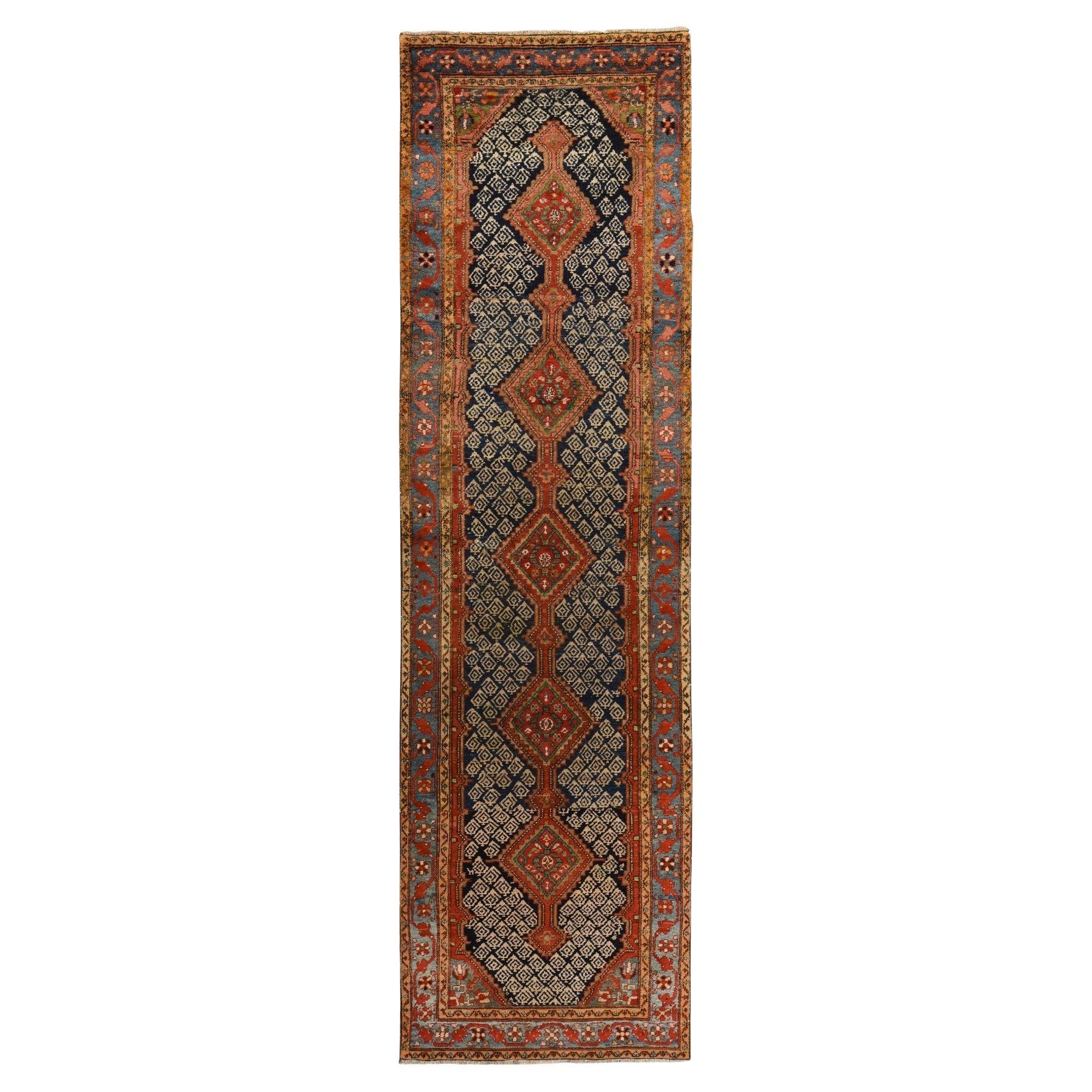 3'5"x12'6" Midnight Blue Antique Persian Malayer Wool Hand Knotted Runner Rug