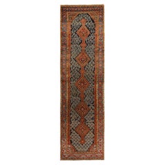 3'5"x12'6" Mitternachtsblauer antiker persischer Malayer-Woll-Läufer, handgeknüpfter Läufer