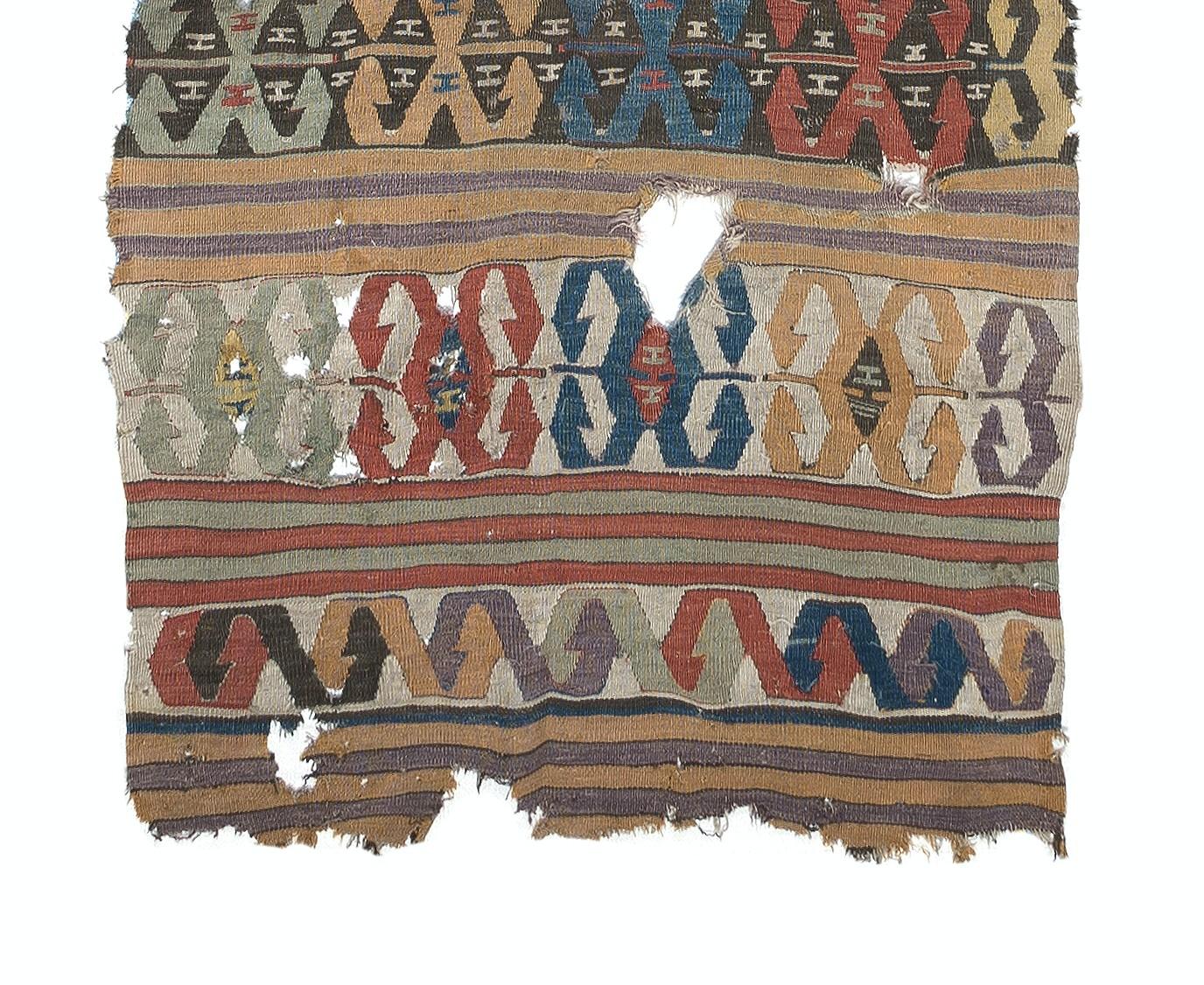 3.5x12.7 Ft Antique Anatolian Karapinar Fragment Kilim, 18th Century In Distressed Condition For Sale In Philadelphia, PA