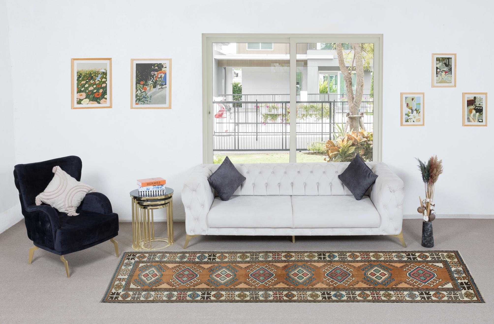 Tribal 3.5x13.4 Ft Hand Knotted Modern Turkish Corridor Carpet, Narrow Hallway Runner For Sale