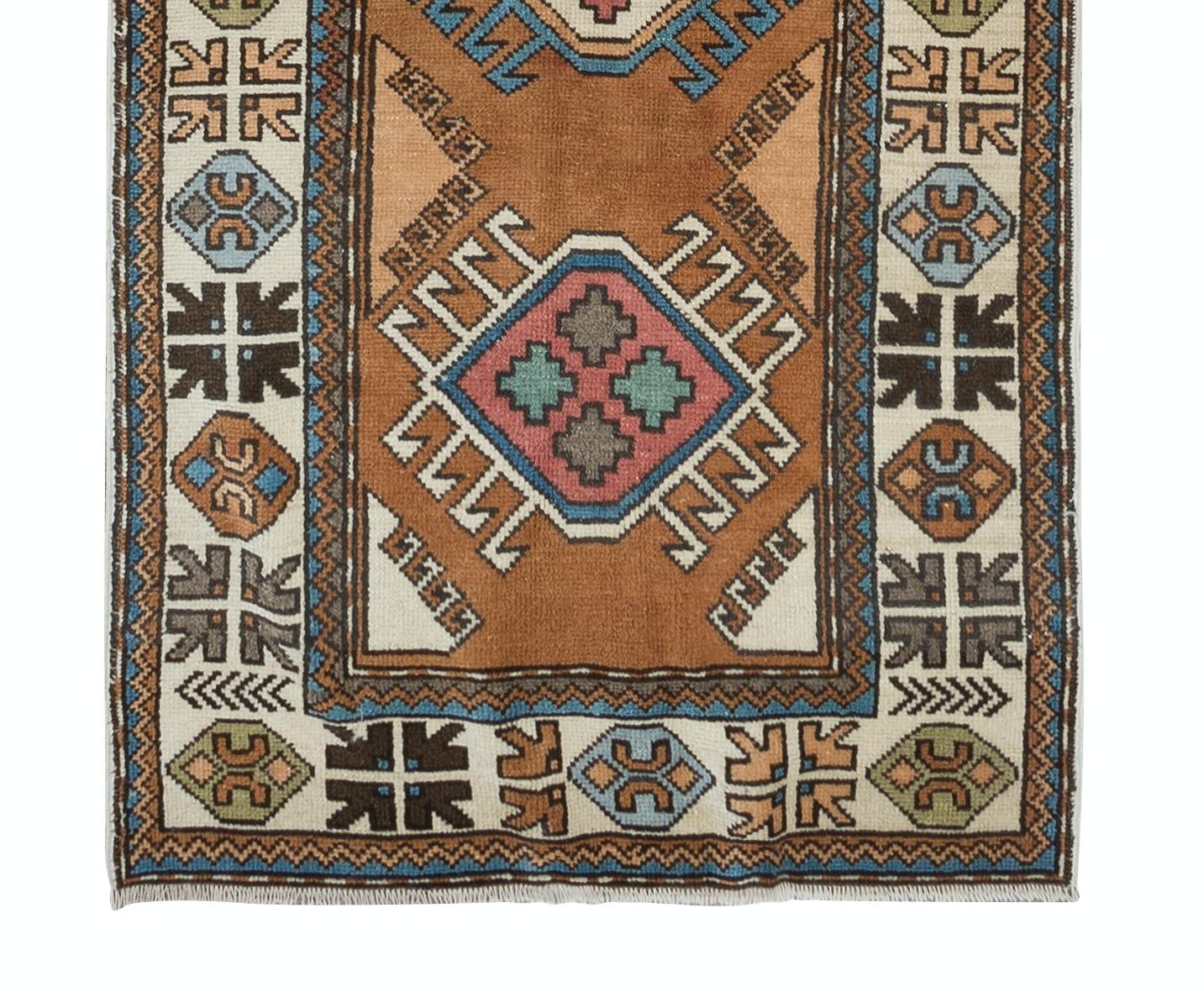 Wool 3.5x13.4 Ft Hand Knotted Modern Turkish Corridor Carpet, Narrow Hallway Runner For Sale